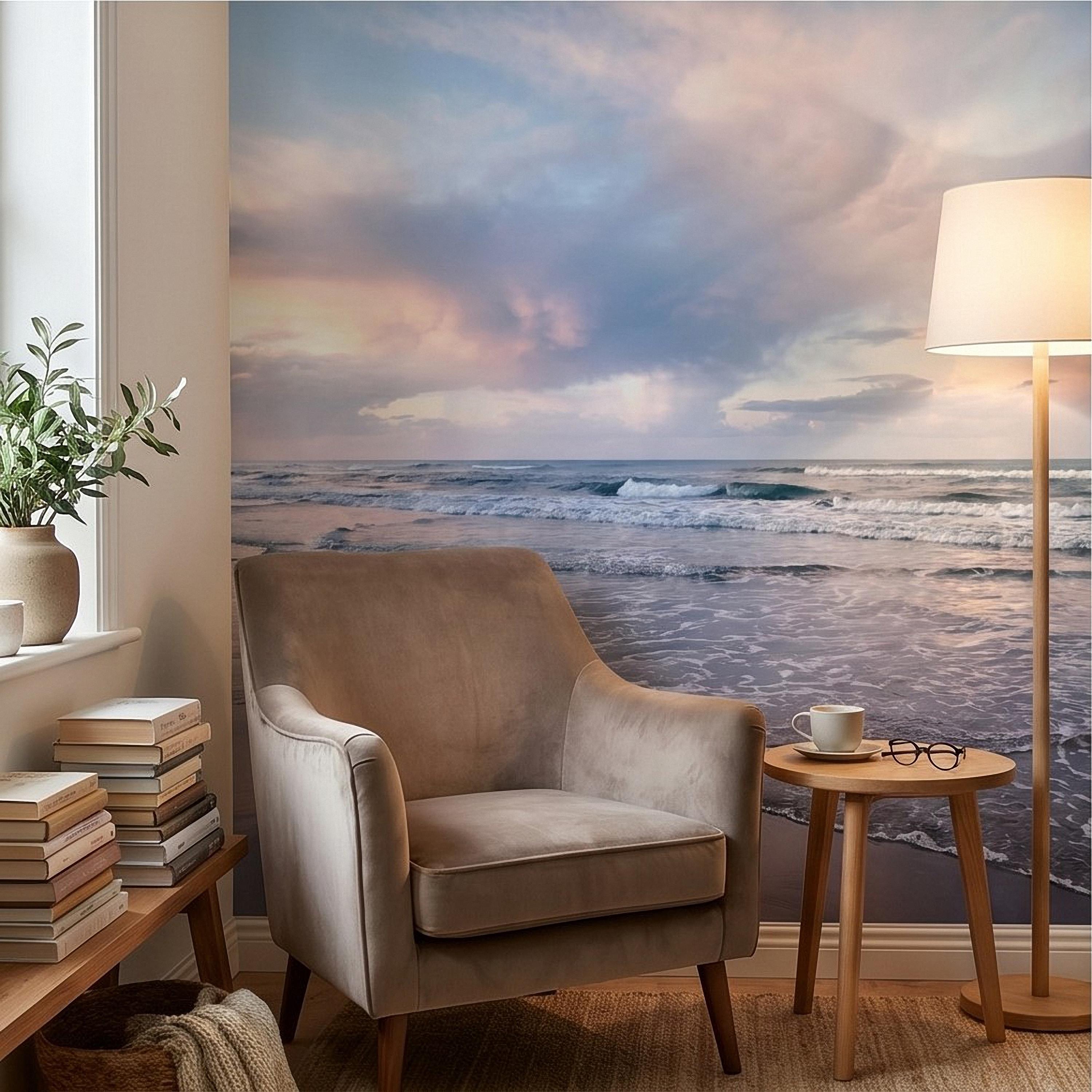 Pastel Sunset Beach Peel and Stick Wall Mural, Soft Ocean Waves Coastal Seascape, Pink Blue Sky, Calm Minimal Seaside Scene Wallpaper