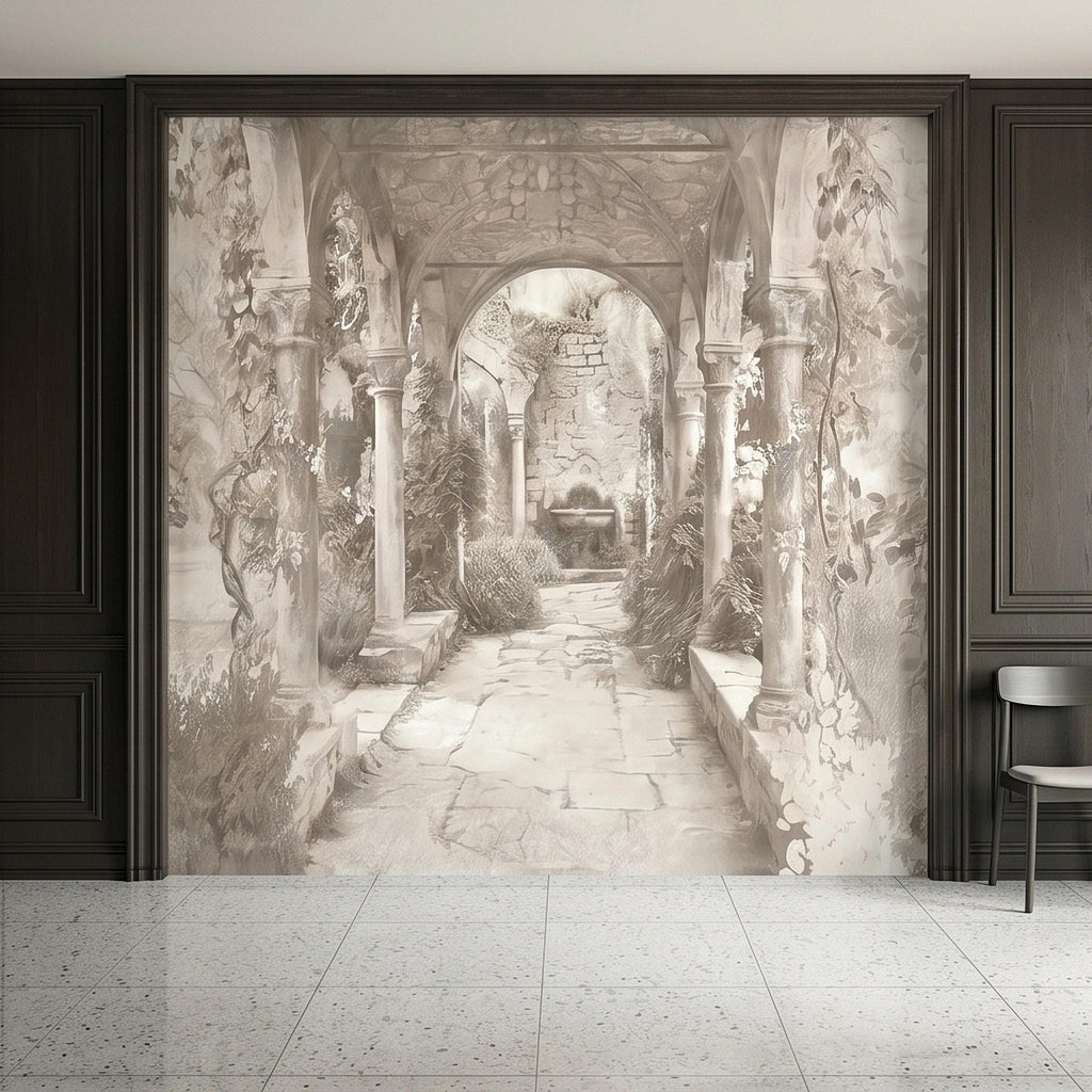 Vintage Stone Archway Garden Peel and Stick Wall Mural, Neutral Beige Sepia Italian Courtyard Ruins with Ivy, Romantic Old World Wallpaper