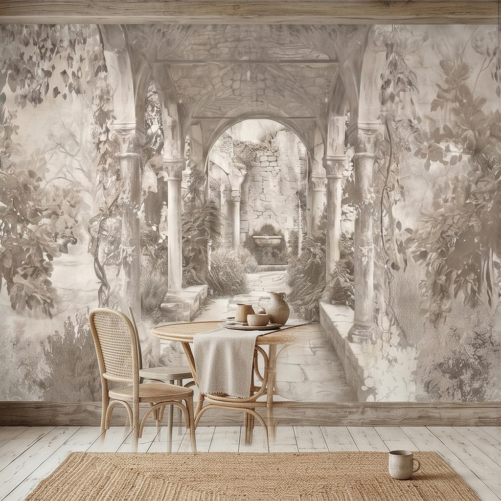 Vintage Stone Archway Garden Peel and Stick Wall Mural, Neutral Beige Sepia Italian Courtyard Ruins with Ivy, Romantic Old World Wallpaper