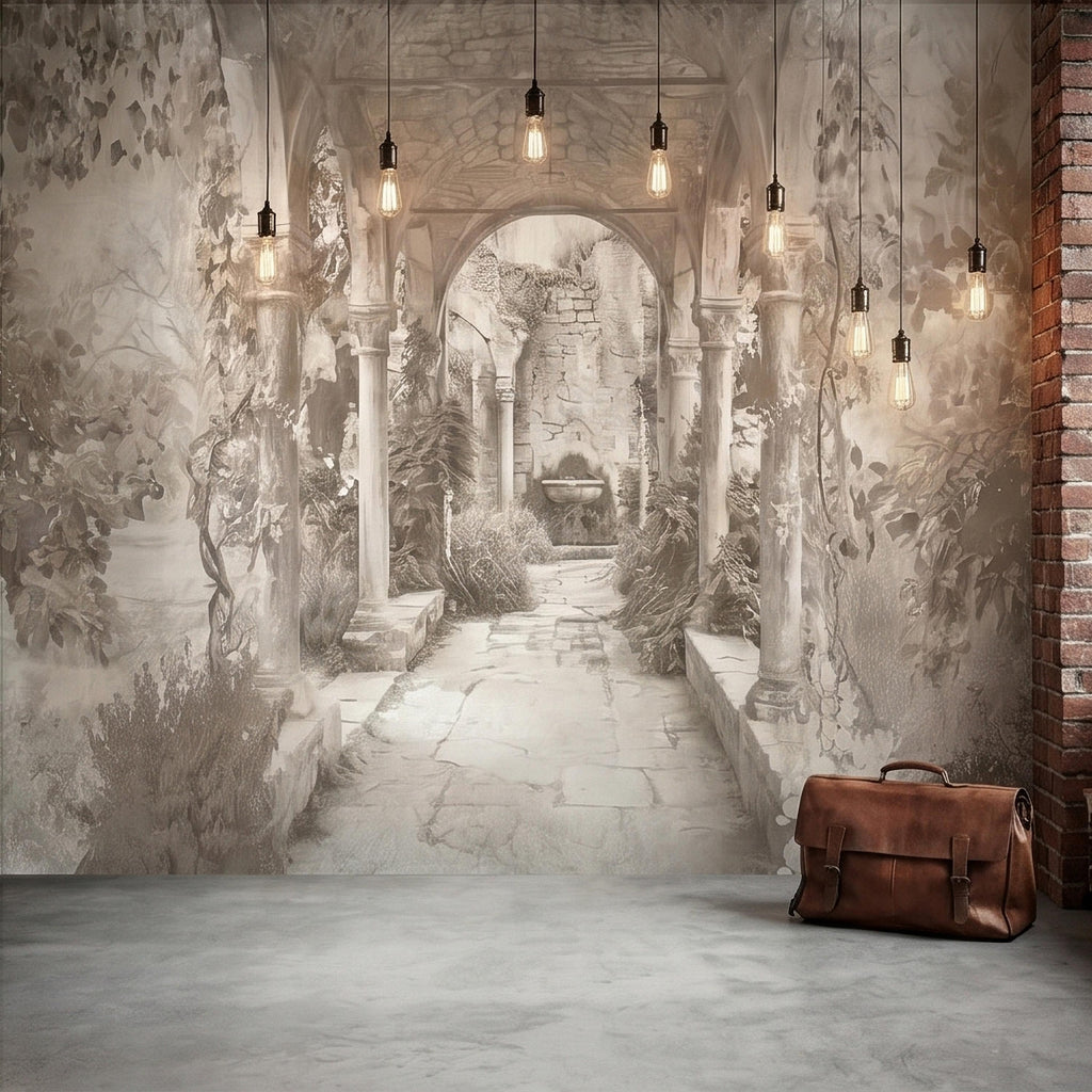 Vintage Stone Archway Garden Peel and Stick Wall Mural, Neutral Beige Sepia Italian Courtyard Ruins with Ivy, Romantic Old World Wallpaper