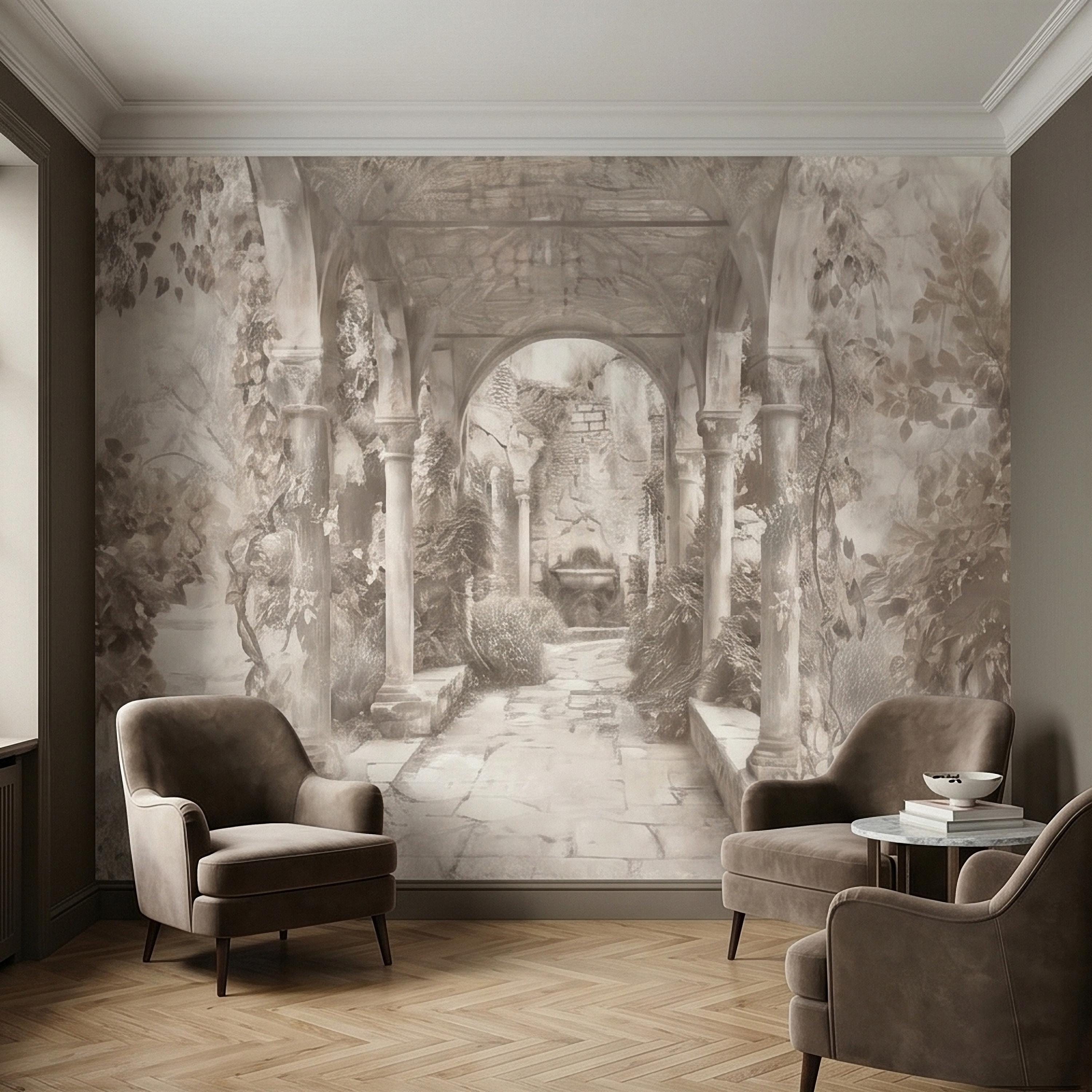 Vintage Stone Archway Garden Peel and Stick Wall Mural, Neutral Beige Sepia Italian Courtyard Ruins with Ivy, Romantic Old World Wallpaper