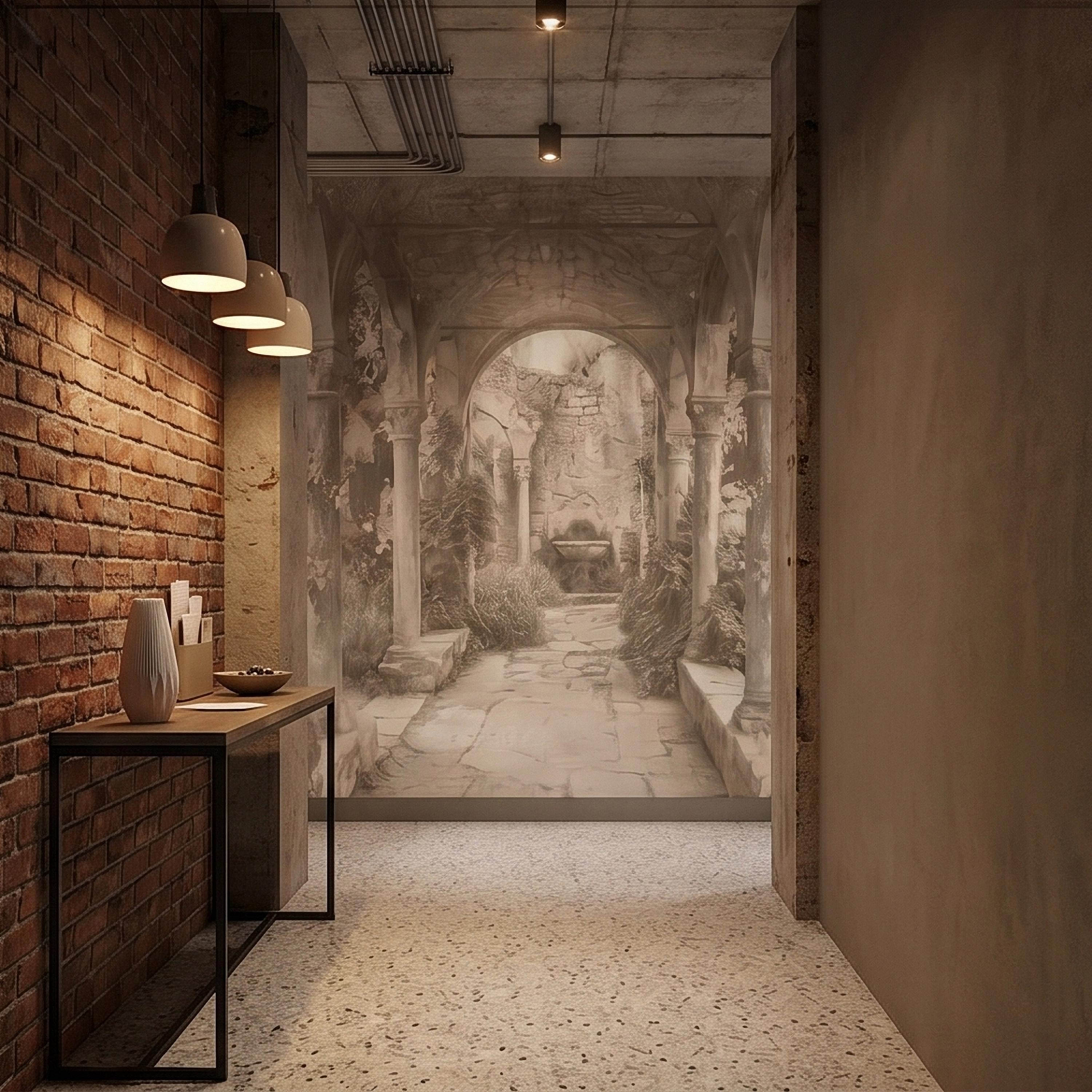 Vintage Stone Archway Garden Peel and Stick Wall Mural, Neutral Beige Sepia Italian Courtyard Ruins with Ivy, Romantic Old World Wallpaper