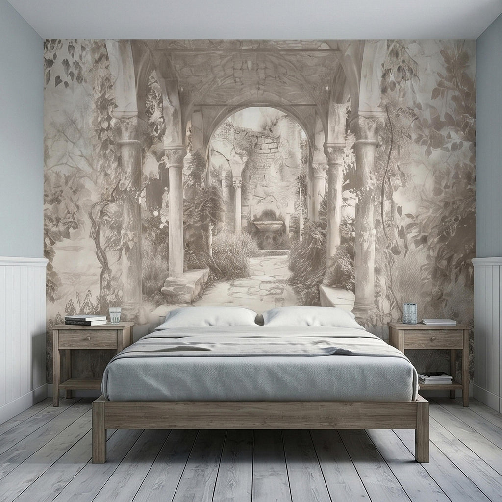Vintage Stone Archway Garden Peel and Stick Wall Mural, Neutral Beige Sepia Italian Courtyard Ruins with Ivy, Romantic Old World Wallpaper