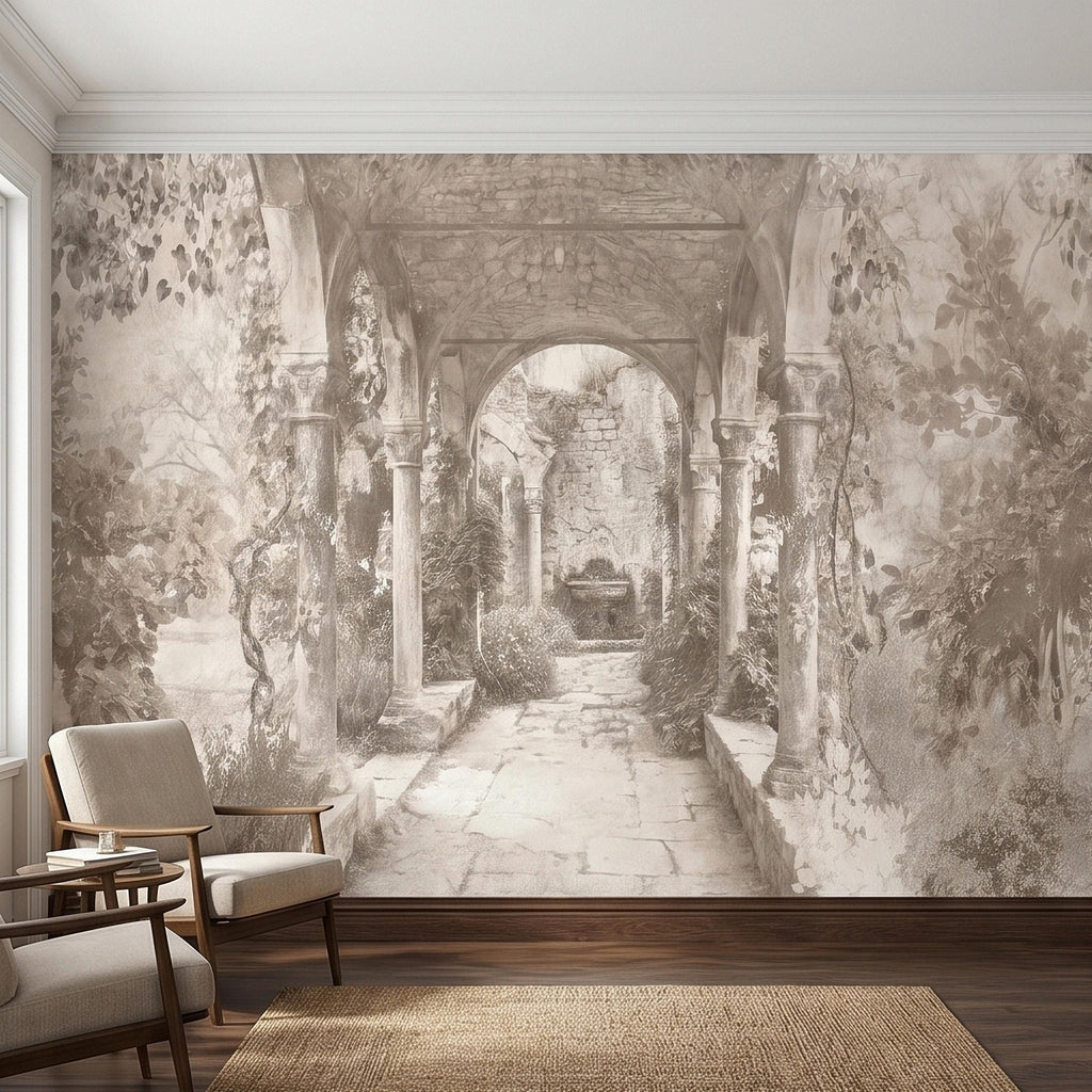 Vintage Stone Archway Garden Peel and Stick Wall Mural, Neutral Beige Sepia Italian Courtyard Ruins with Ivy, Romantic Old World Wallpaper