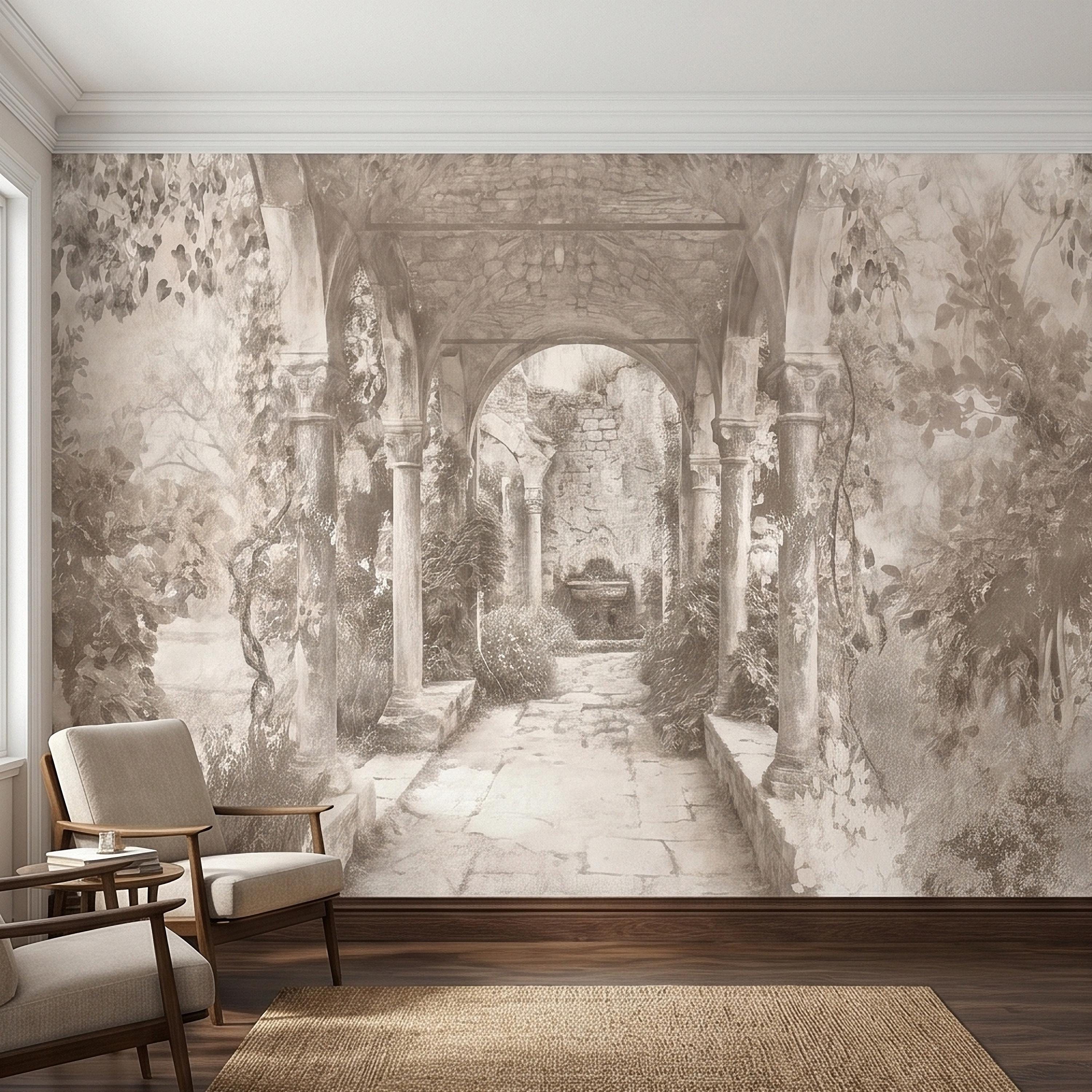 Vintage Stone Archway Garden Peel and Stick Wall Mural, Neutral Beige Sepia Italian Courtyard Ruins with Ivy, Romantic Old World Wallpaper