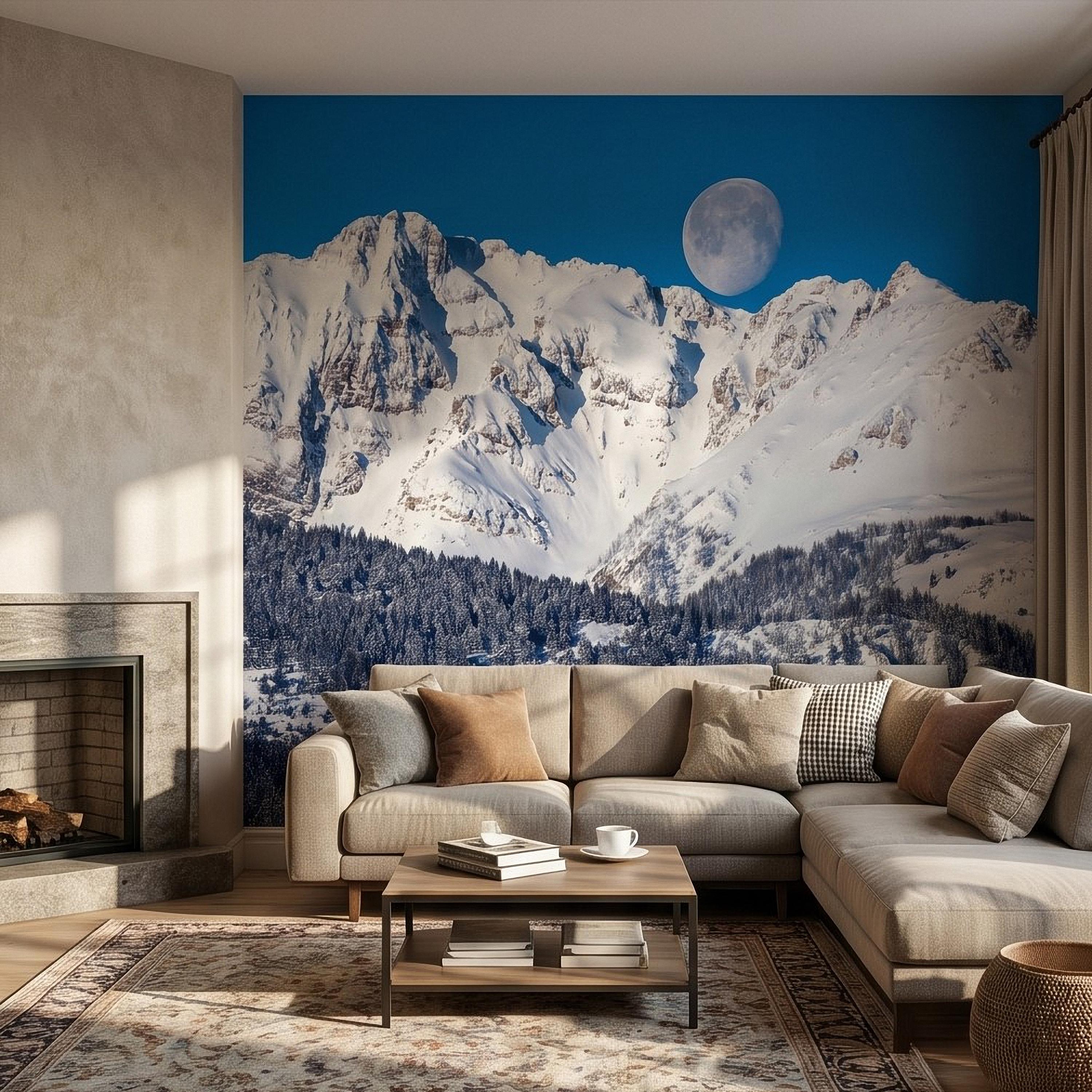Snowy Mountain Moon Peel and Stick Wall Mural, Alpine Winter Peaks and Pine Forest Landscape, Blue Sky Scenic Scandinavian Cabin Wallpaper