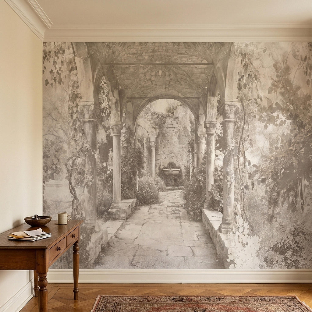 Vintage Stone Archway Garden Peel and Stick Wall Mural, Neutral Beige Sepia Italian Courtyard Ruins with Ivy, Romantic Old World Wallpaper
