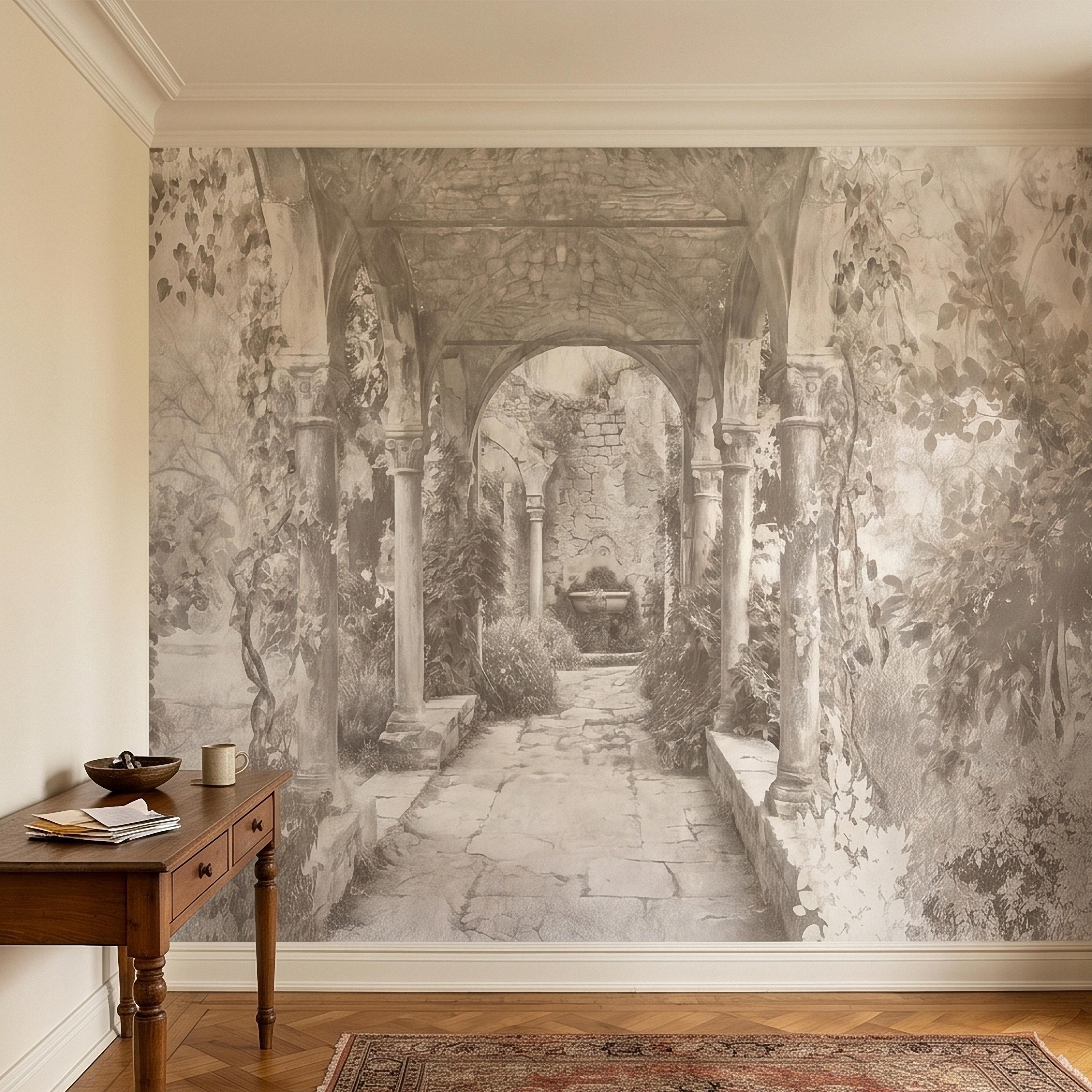 Vintage Stone Archway Garden Peel and Stick Wall Mural, Neutral Beige Sepia Italian Courtyard Ruins with Ivy, Romantic Old World Wallpaper