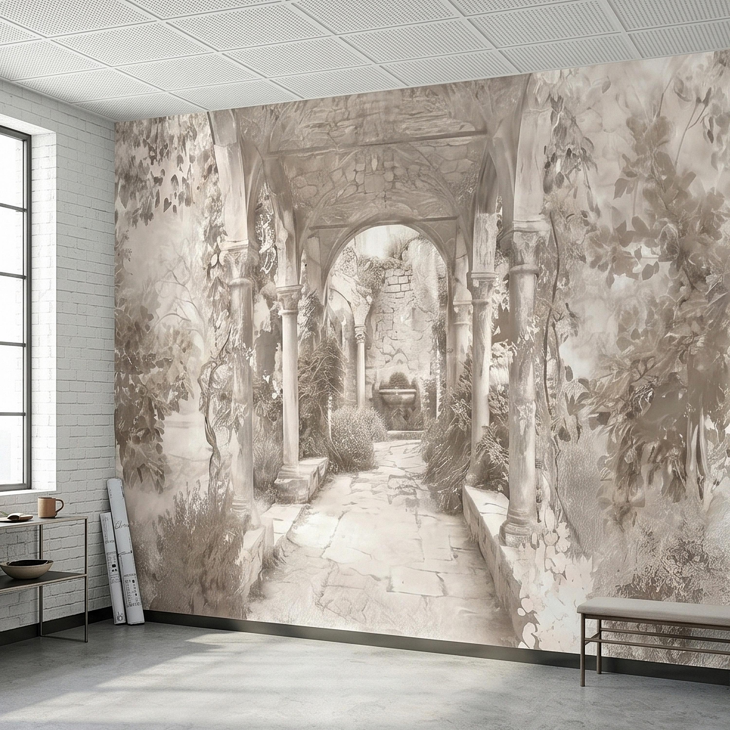 Vintage Stone Archway Garden Peel and Stick Wall Mural, Neutral Beige Sepia Italian Courtyard Ruins with Ivy, Romantic Old World Wallpaper