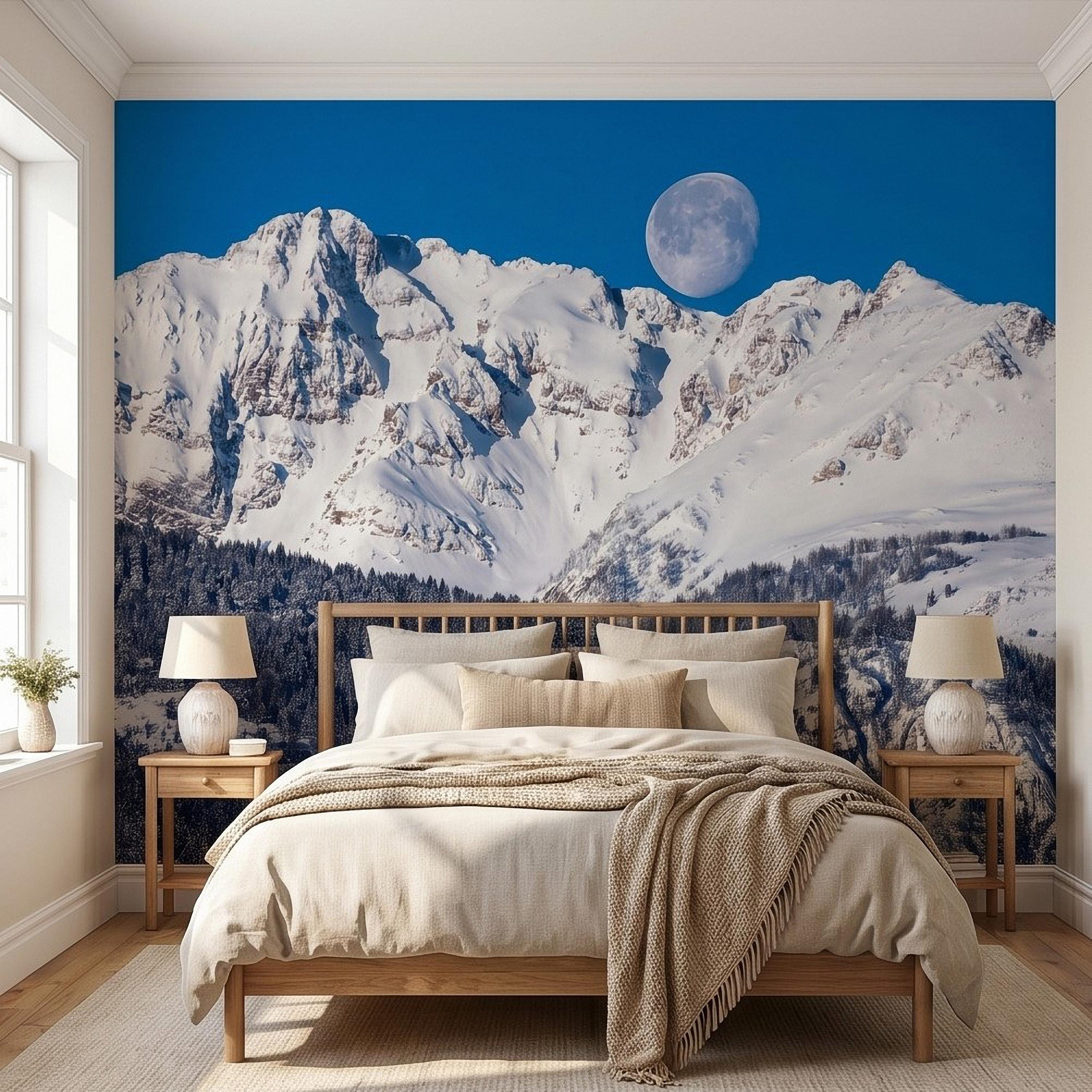 Snowy Mountain Moon Peel and Stick Wall Mural, Alpine Winter Peaks and Pine Forest Landscape, Blue Sky Scenic Scandinavian Cabin Wallpaper