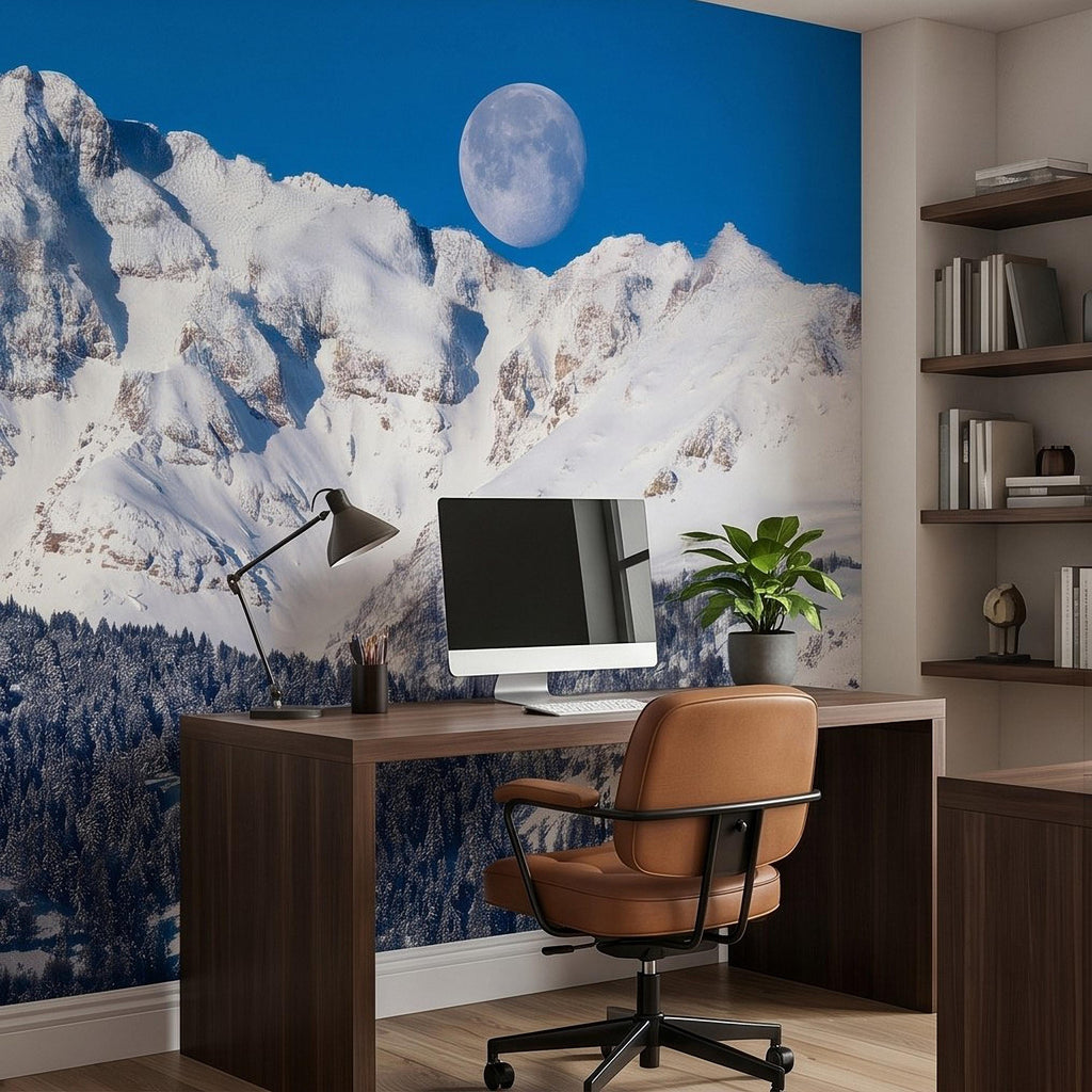 Snowy Mountain Moon Peel and Stick Wall Mural, Alpine Winter Peaks and Pine Forest Landscape, Blue Sky Scenic Scandinavian Cabin Wallpaper