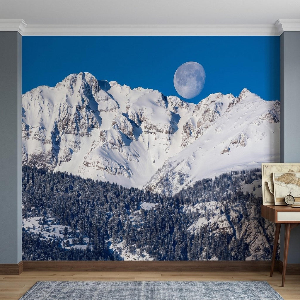 Snowy Mountain Moon Peel and Stick Wall Mural, Alpine Winter Peaks and Pine Forest Landscape, Blue Sky Scenic Scandinavian Cabin Wallpaper