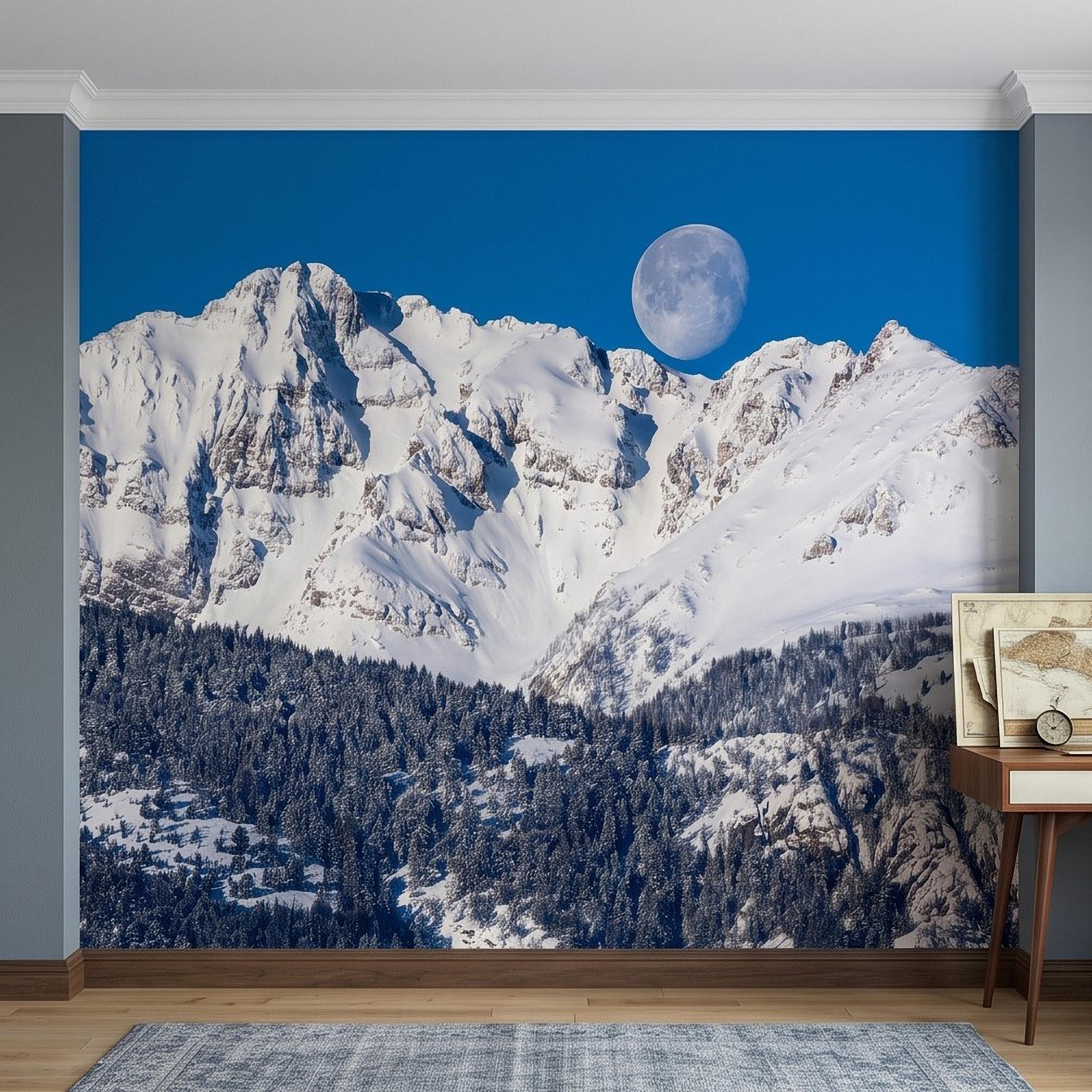 Snowy Mountain Moon Peel and Stick Wall Mural, Alpine Winter Peaks and Pine Forest Landscape, Blue Sky Scenic Scandinavian Cabin Wallpaper