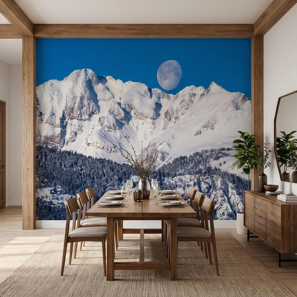 Snowy Mountain Moon Peel and Stick Wall Mural, Alpine Winter Peaks and Pine Forest Landscape, Blue Sky Scenic Scandinavian Cabin Wallpaper