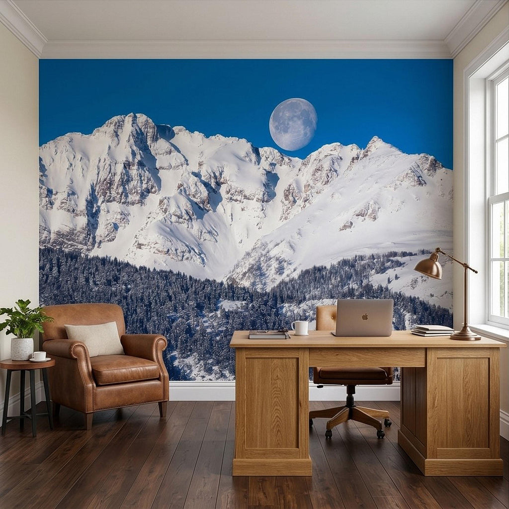 Snowy Mountain Moon Peel and Stick Wall Mural, Alpine Winter Peaks and Pine Forest Landscape, Blue Sky Scenic Scandinavian Cabin Wallpaper