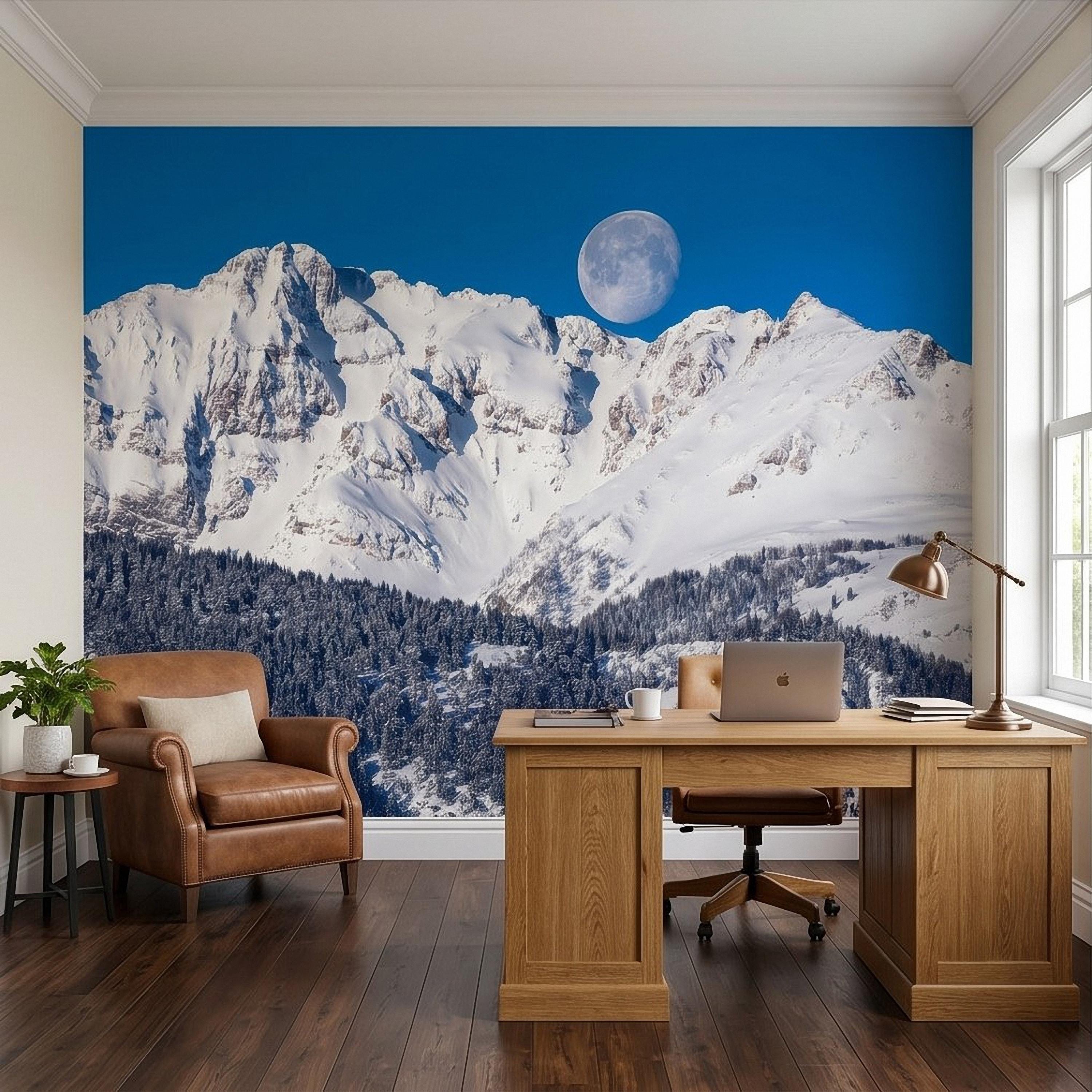 Snowy Mountain Moon Peel and Stick Wall Mural, Alpine Winter Peaks and Pine Forest Landscape, Blue Sky Scenic Scandinavian Cabin Wallpaper