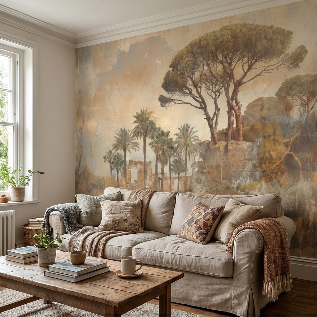 Mediterranean Palms Umbrella Pines & Roman Ruins Peel and Stick Wall Mural, Vintage Tuscan Landscape Old World Plaster Aged Fresco Wallpaper