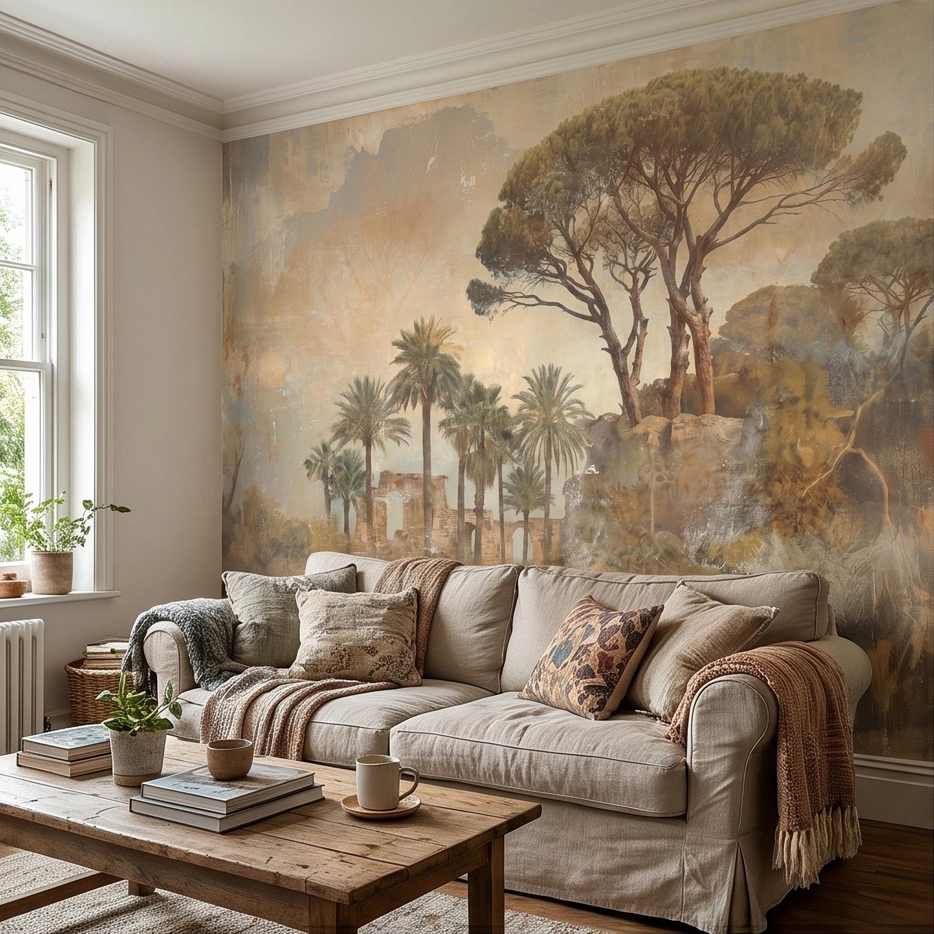 Mediterranean Palms Umbrella Pines & Roman Ruins Peel and Stick Wall Mural, Vintage Tuscan Landscape Old World Plaster Aged Fresco Wallpaper