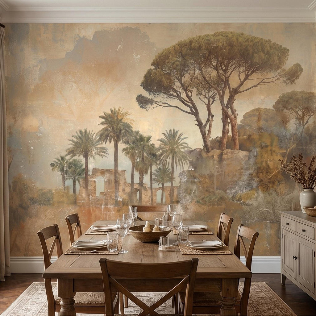 Mediterranean Palms Umbrella Pines & Roman Ruins Peel and Stick Wall Mural, Vintage Tuscan Landscape Old World Plaster Aged Fresco Wallpaper