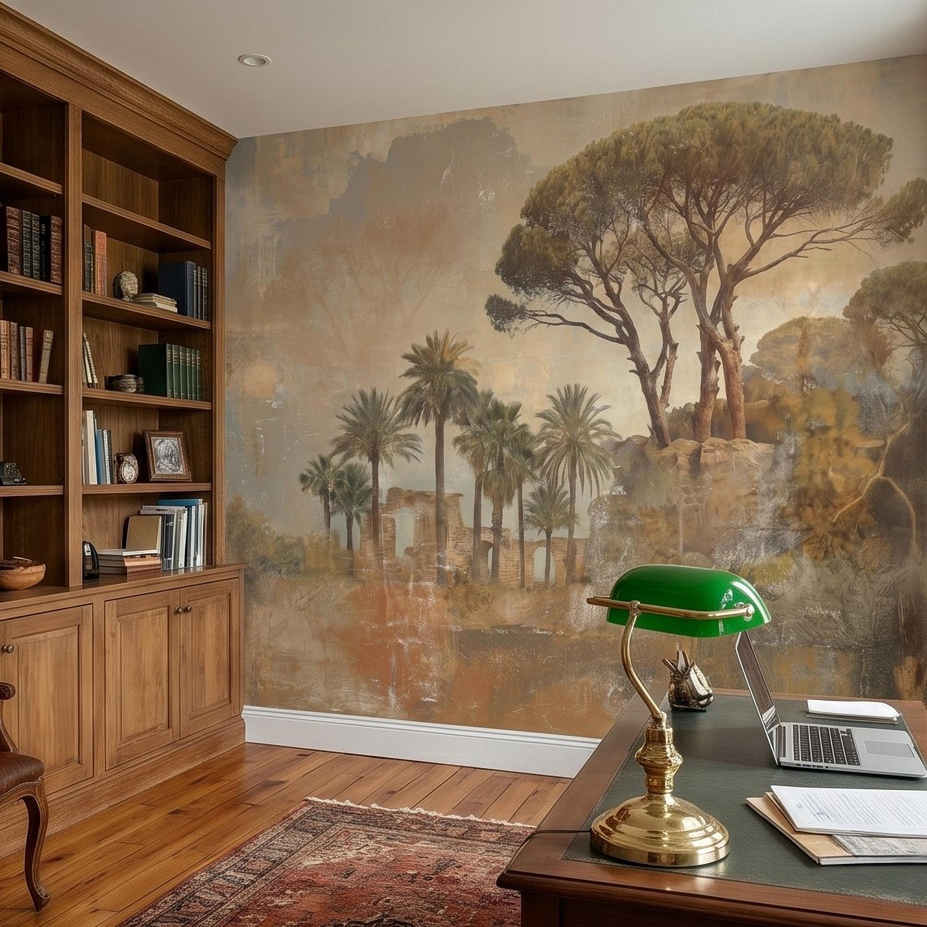 Mediterranean Palms Umbrella Pines & Roman Ruins Peel and Stick Wall Mural, Vintage Tuscan Landscape Old World Plaster Aged Fresco Wallpaper