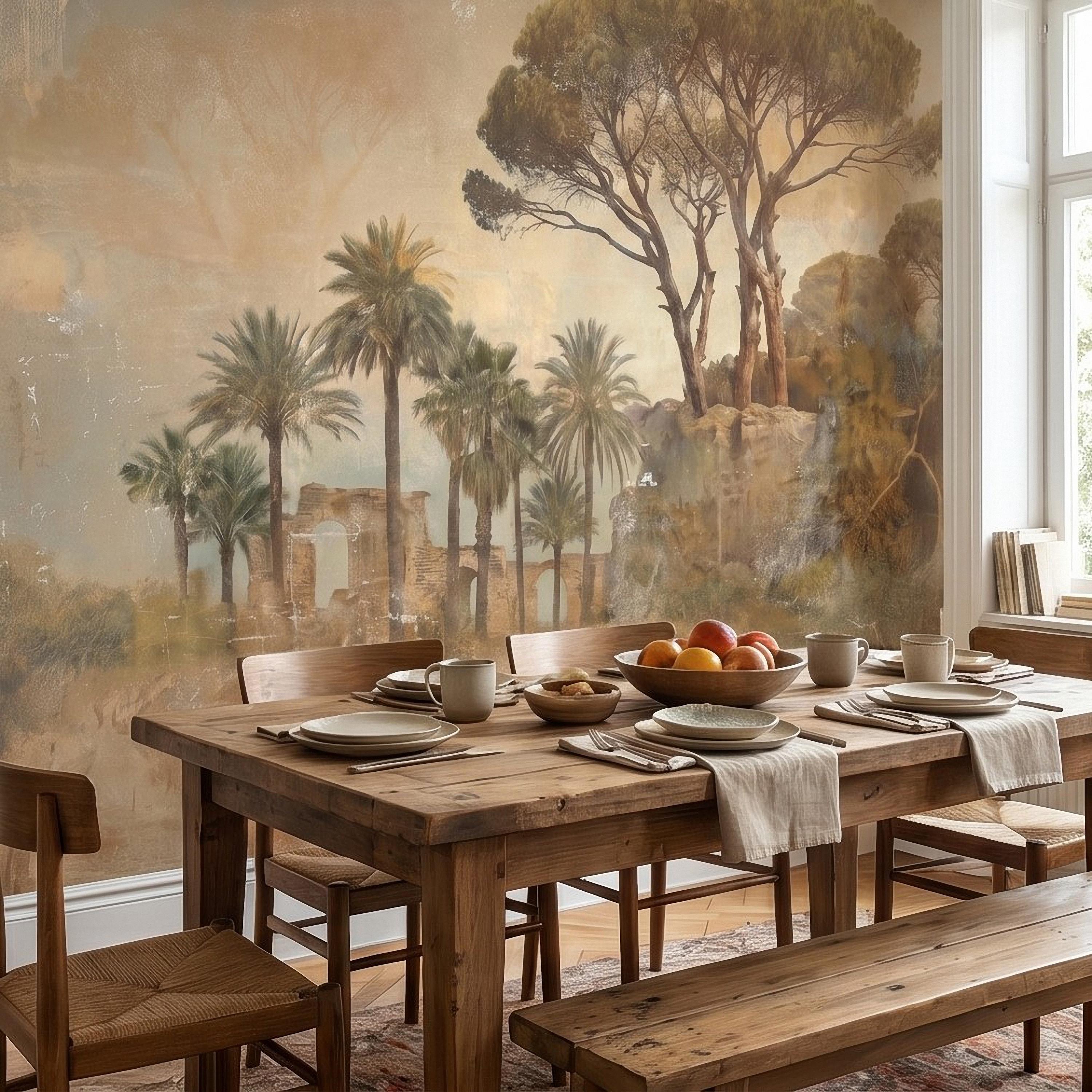 Mediterranean Palms Umbrella Pines & Roman Ruins Peel and Stick Wall Mural, Vintage Tuscan Landscape Old World Plaster Aged Fresco Wallpaper