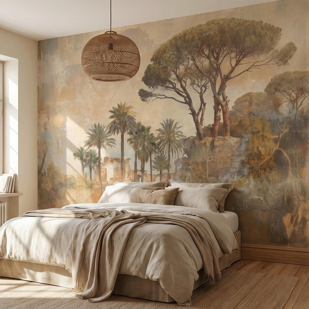 Mediterranean Palms Umbrella Pines & Roman Ruins Peel and Stick Wall Mural, Vintage Tuscan Landscape Old World Plaster Aged Fresco Wallpaper