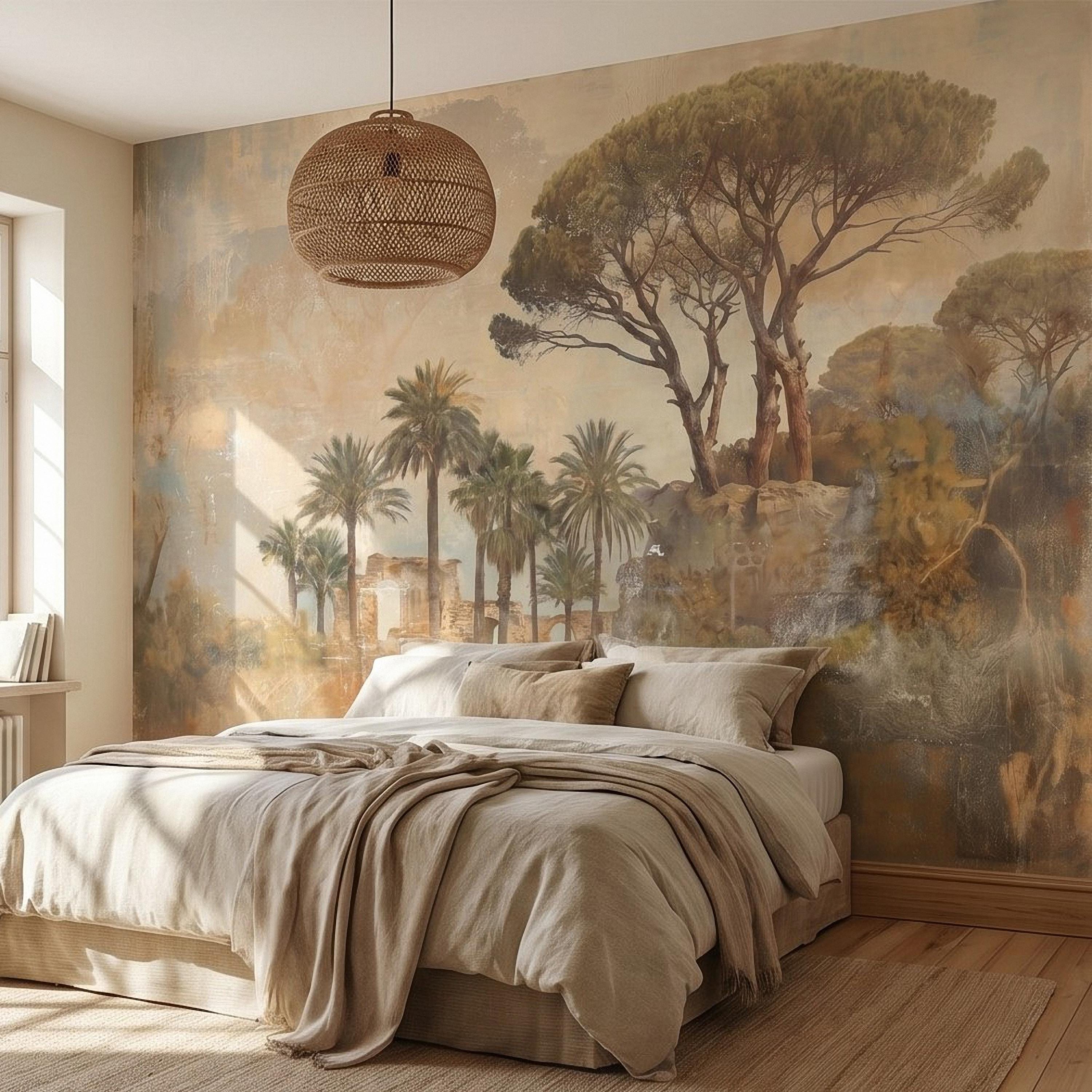 Mediterranean Palms Umbrella Pines & Roman Ruins Peel and Stick Wall Mural, Vintage Tuscan Landscape Old World Plaster Aged Fresco Wallpaper