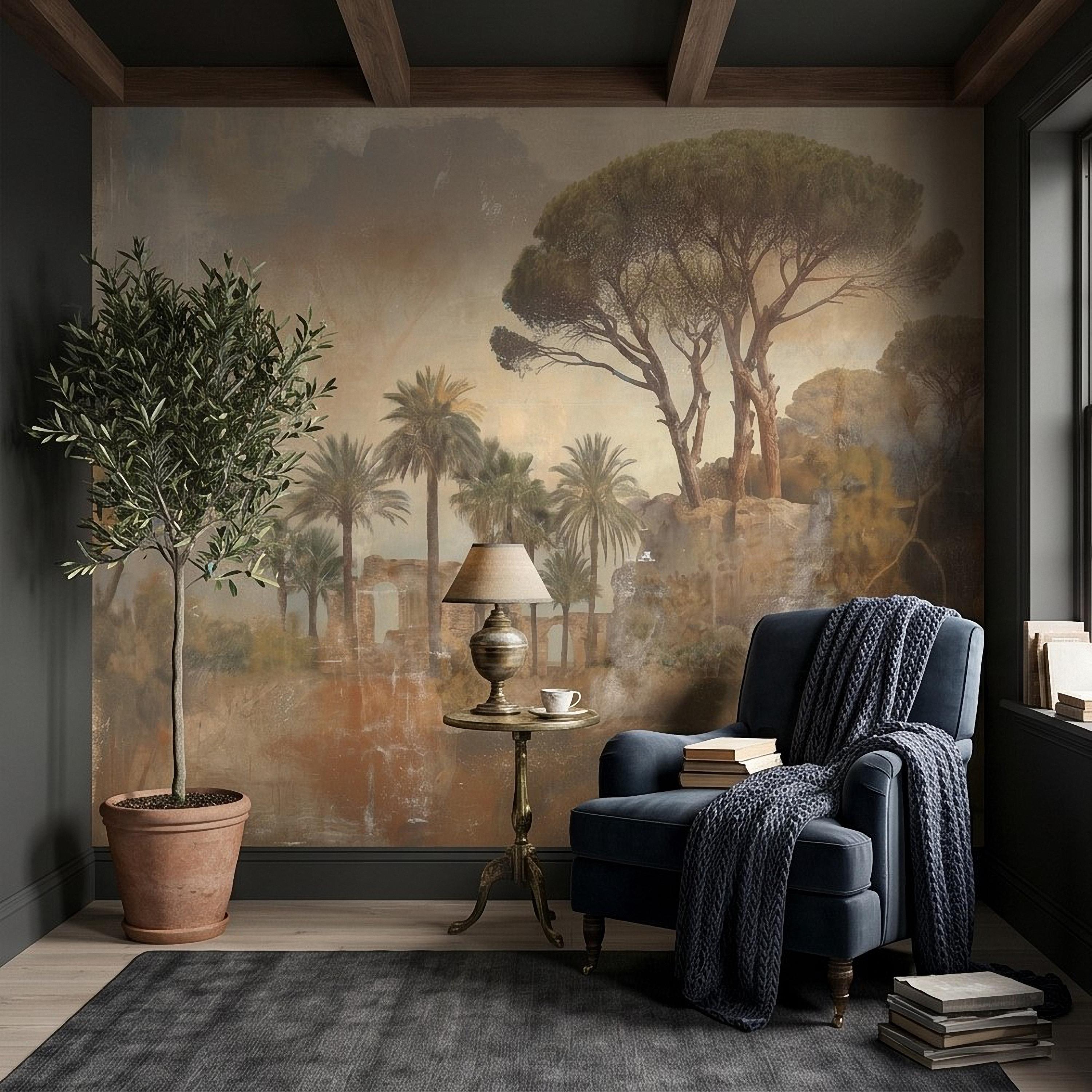 Mediterranean Palms Umbrella Pines & Roman Ruins Peel and Stick Wall Mural, Vintage Tuscan Landscape Old World Plaster Aged Fresco Wallpaper
