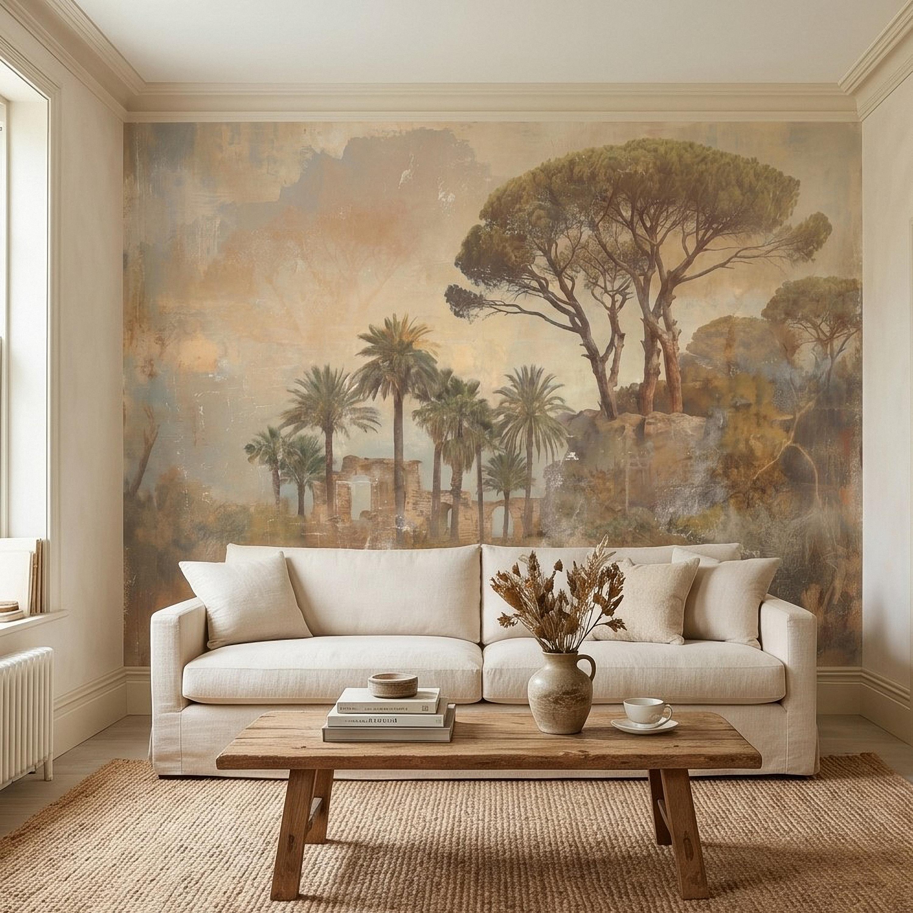 Mediterranean Palms Umbrella Pines & Roman Ruins Peel and Stick Wall Mural, Vintage Tuscan Landscape Old World Plaster Aged Fresco Wallpaper