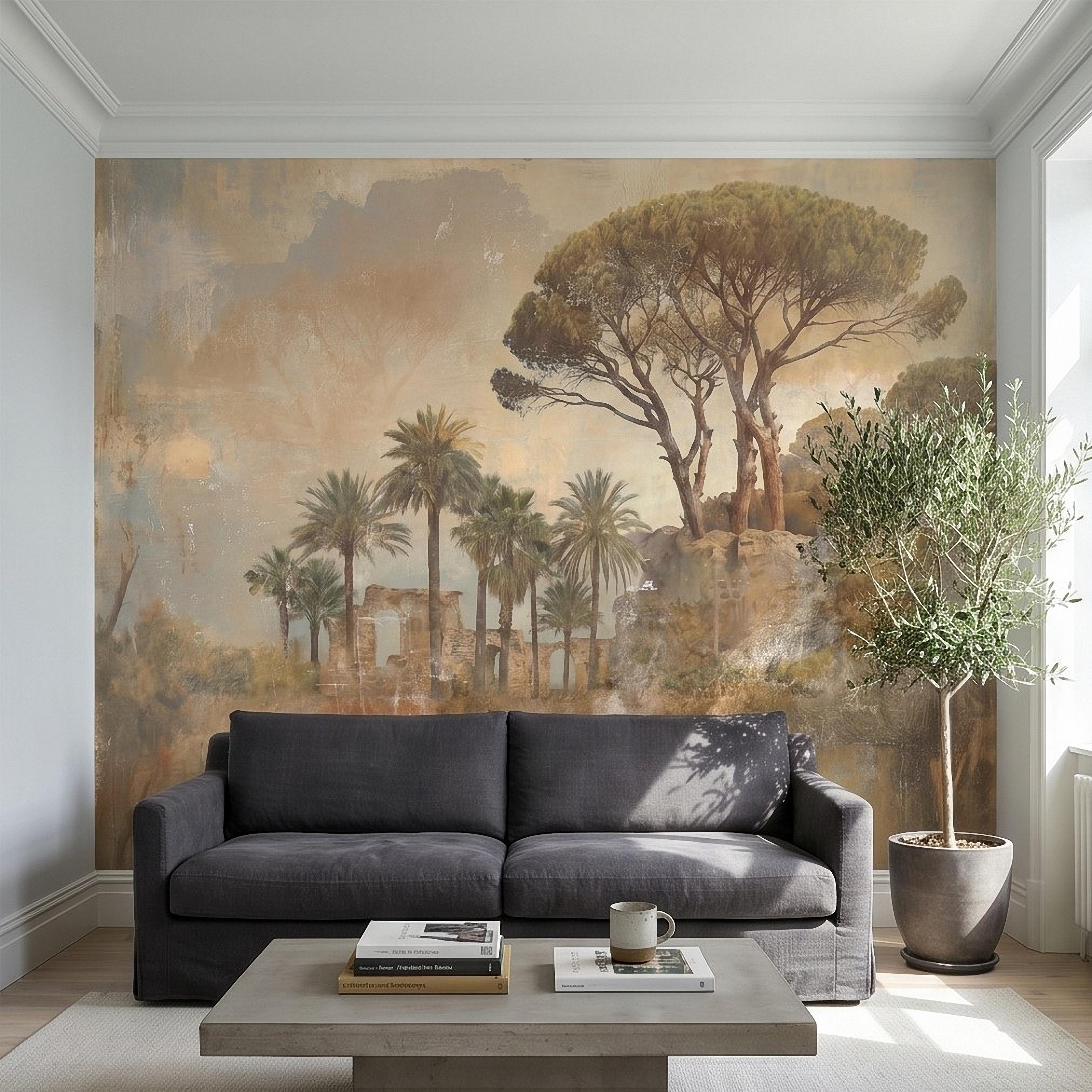 Mediterranean Palms Umbrella Pines & Roman Ruins Peel and Stick Wall Mural, Vintage Tuscan Landscape Old World Plaster Aged Fresco Wallpaper
