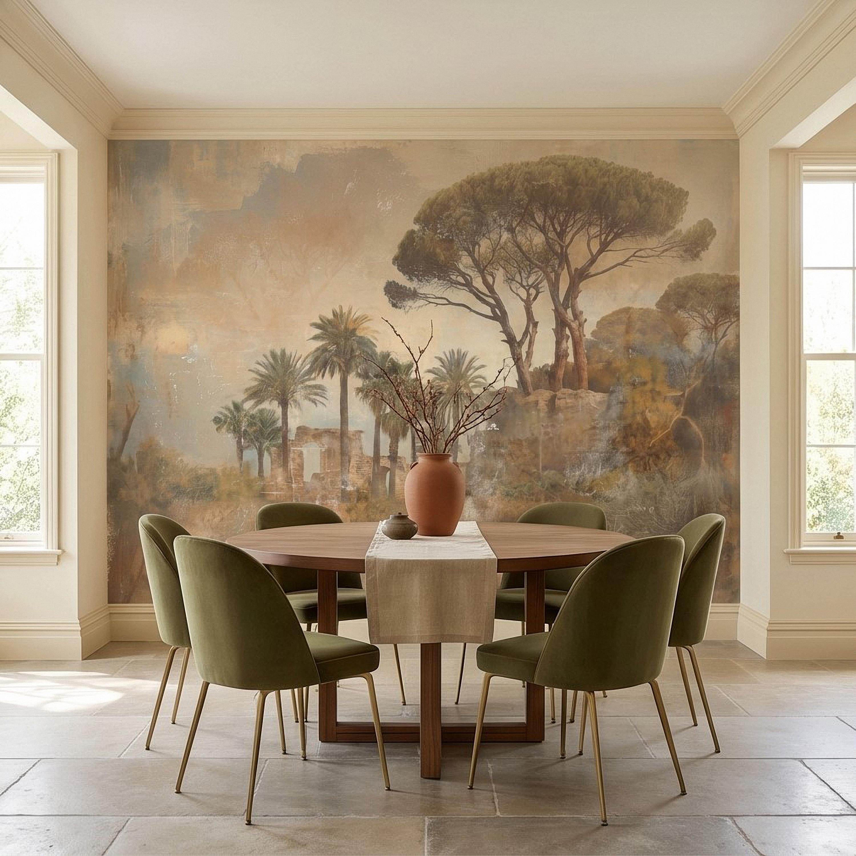 Mediterranean Palms Umbrella Pines & Roman Ruins Peel and Stick Wall Mural, Vintage Tuscan Landscape Old World Plaster Aged Fresco Wallpaper