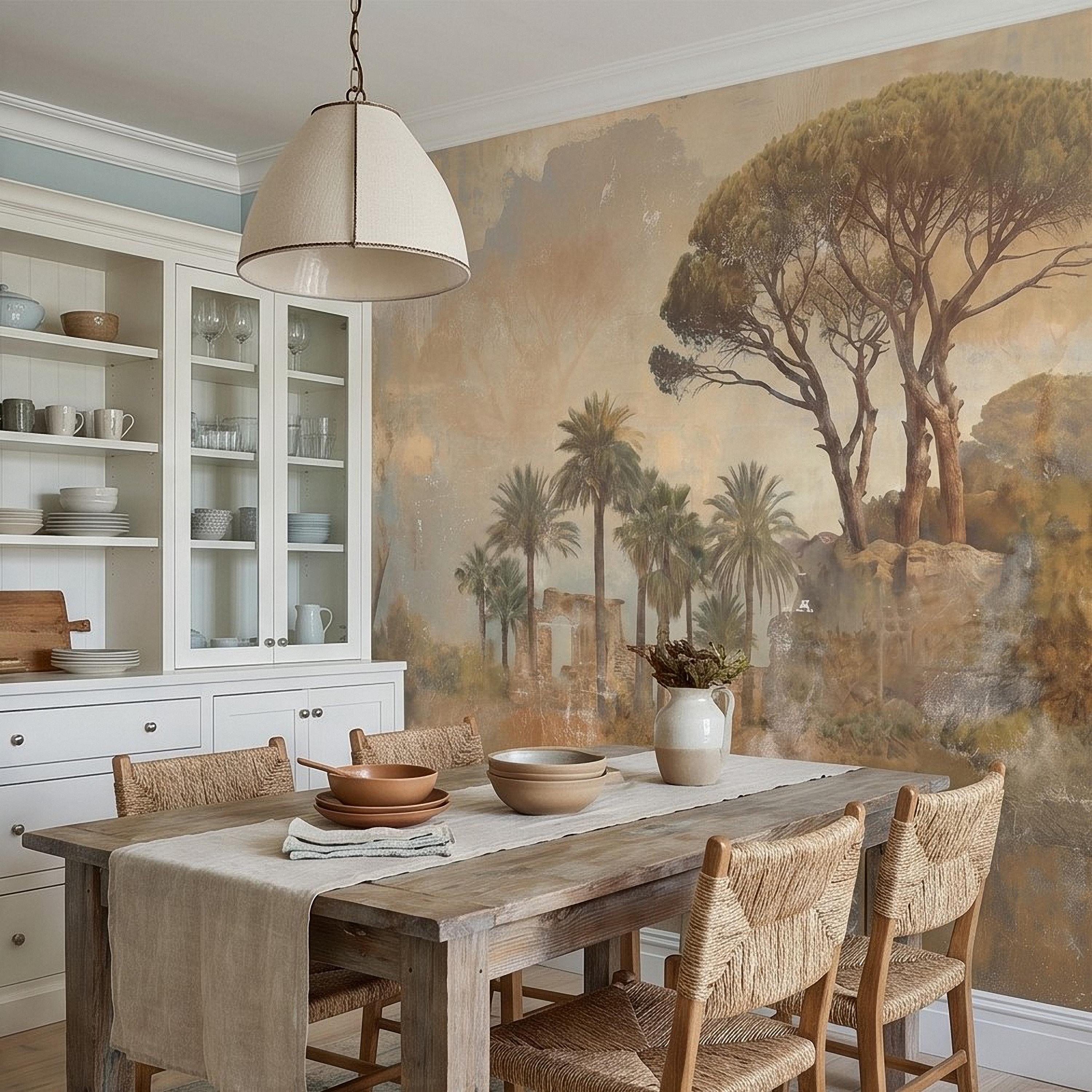 Mediterranean Palms Umbrella Pines & Roman Ruins Peel and Stick Wall Mural, Vintage Tuscan Landscape Old World Plaster Aged Fresco Wallpaper