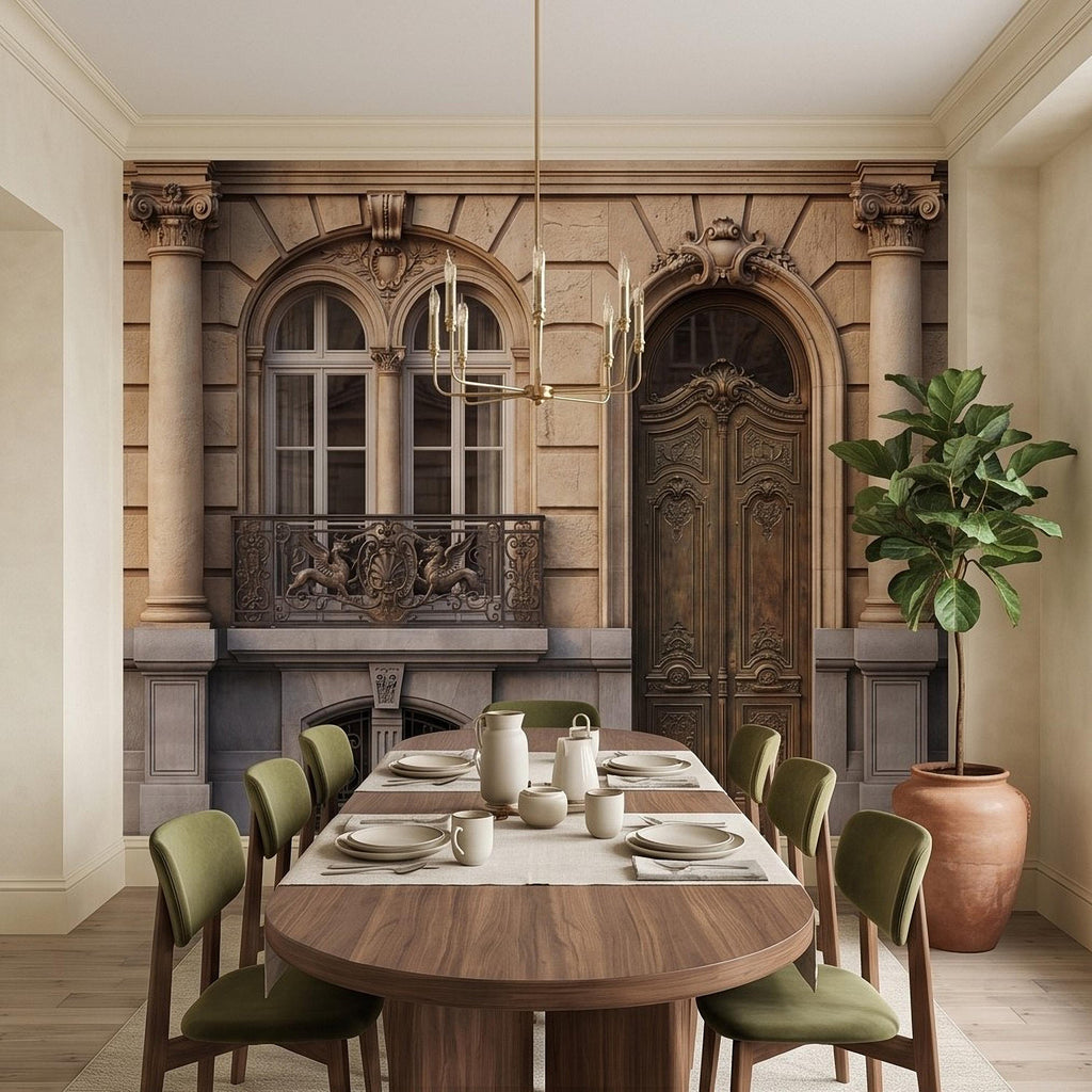 Parisian Facade Peel and Stick Wall Mural, Ornate French Door & Balcony, Vintage European Architecture, Classical Stone Columns Wallpaper