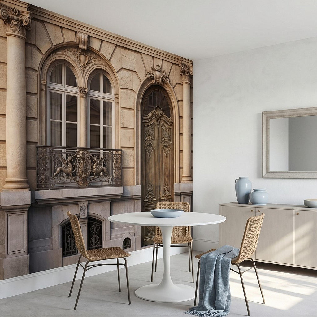 Parisian Facade Peel and Stick Wall Mural, Ornate French Door & Balcony, Vintage European Architecture, Classical Stone Columns Wallpaper