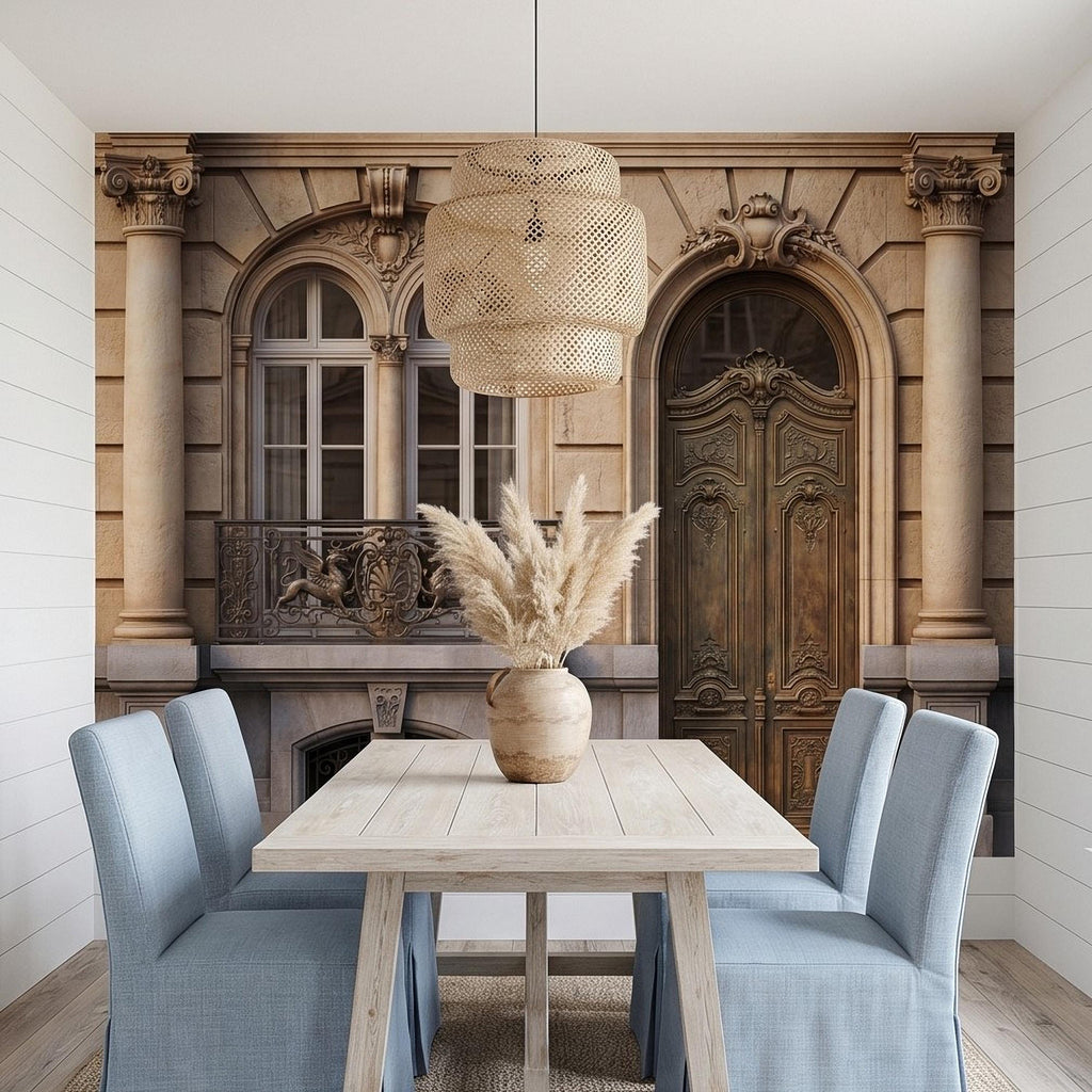 Parisian Facade Peel and Stick Wall Mural, Ornate French Door & Balcony, Vintage European Architecture, Classical Stone Columns Wallpaper