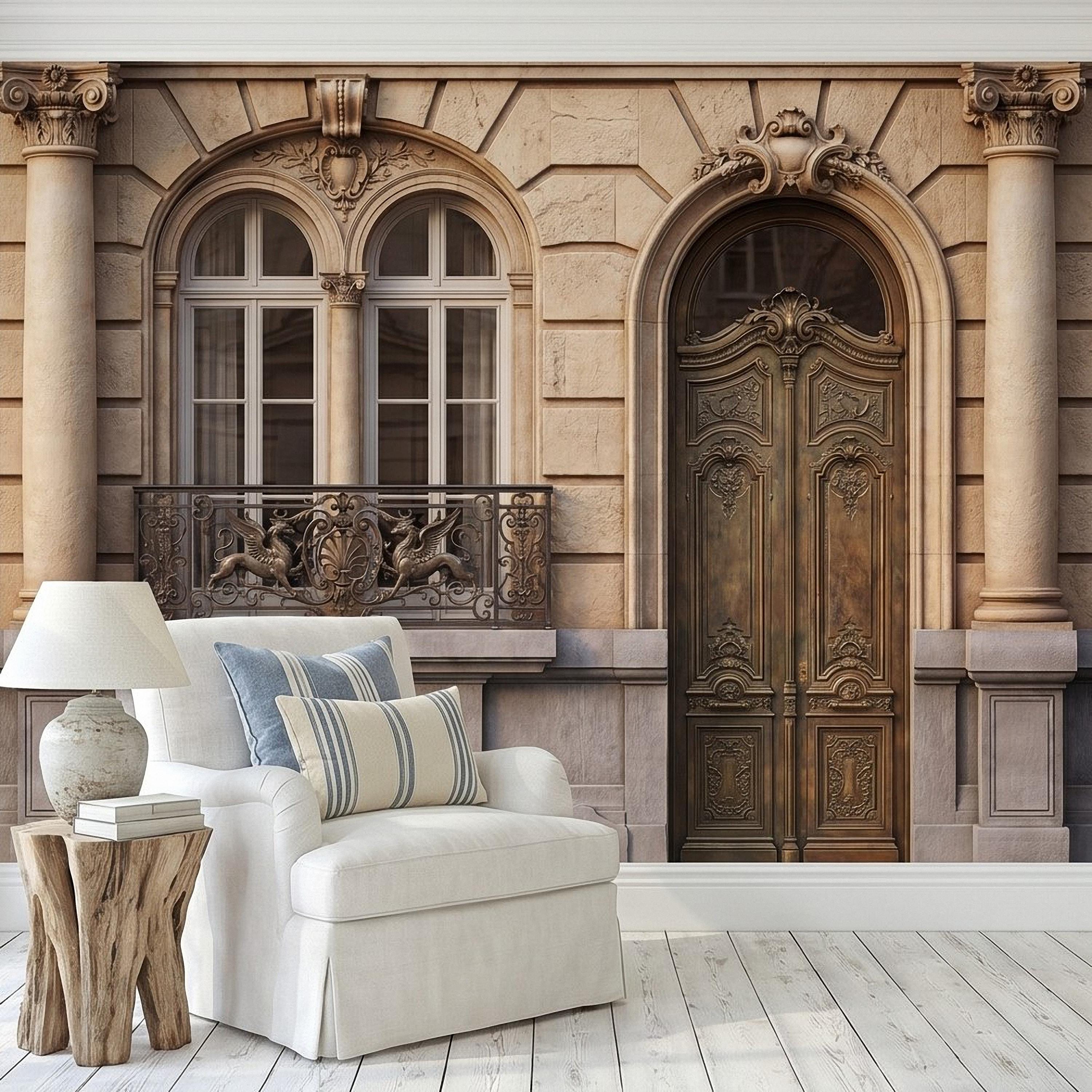 Parisian Facade Peel and Stick Wall Mural, Ornate French Door & Balcony, Vintage European Architecture, Classical Stone Columns Wallpaper