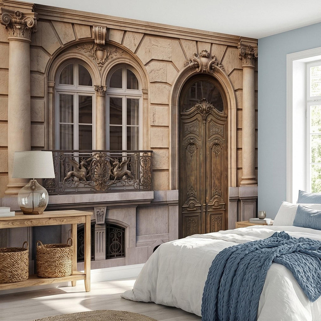 Parisian Facade Peel and Stick Wall Mural, Ornate French Door & Balcony, Vintage European Architecture, Classical Stone Columns Wallpaper