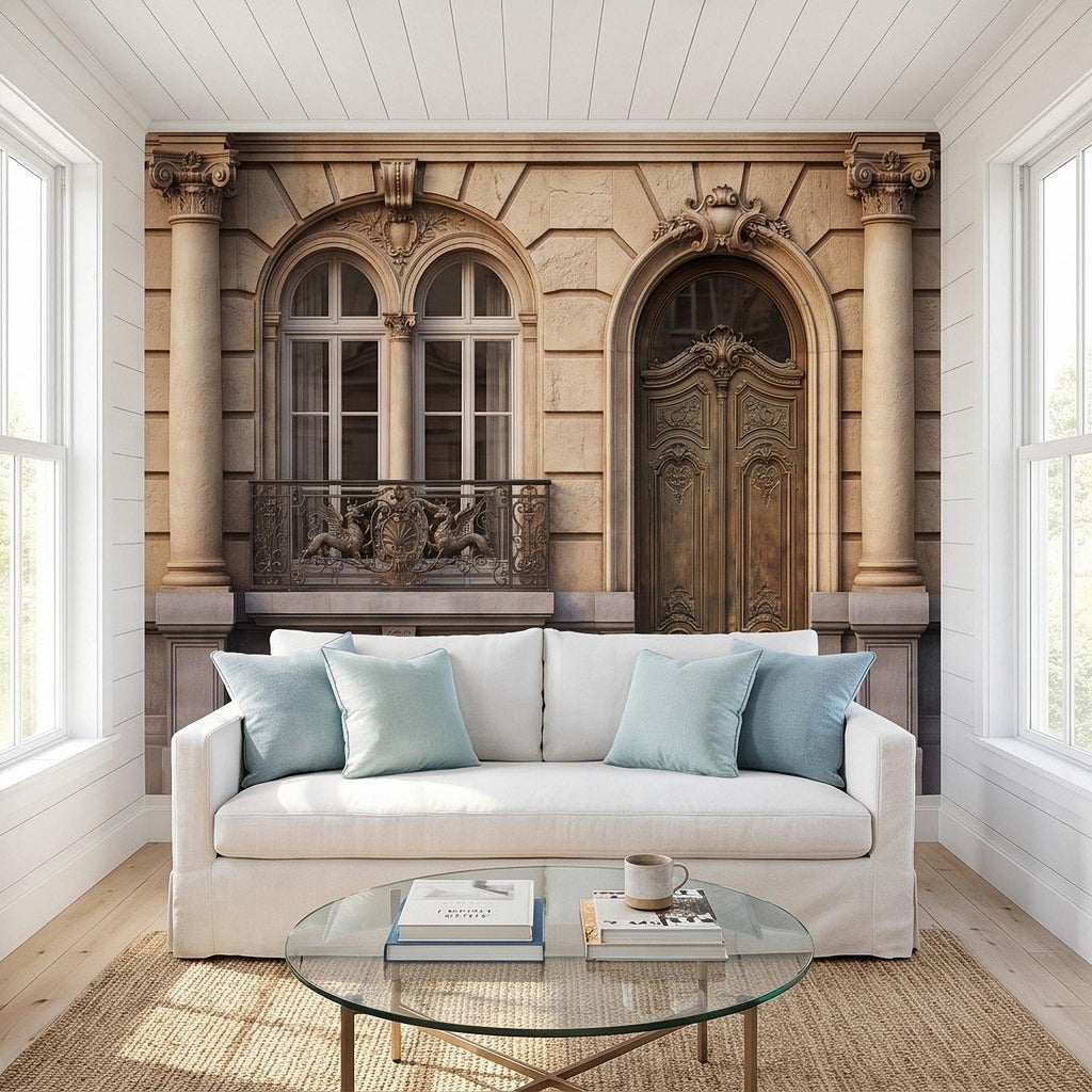 Parisian Facade Peel and Stick Wall Mural, Ornate French Door & Balcony, Vintage European Architecture, Classical Stone Columns Wallpaper