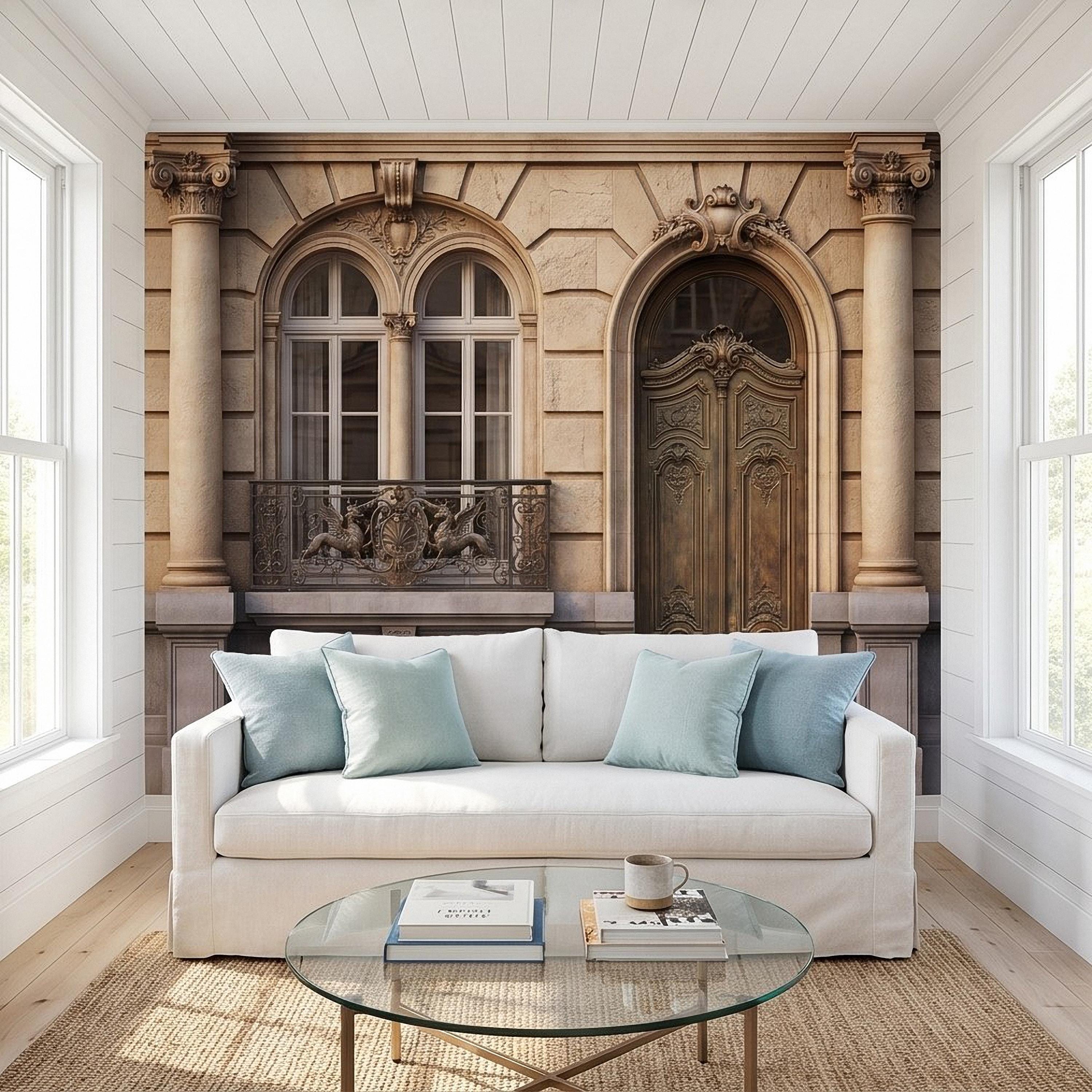 Parisian Facade Peel and Stick Wall Mural, Ornate French Door & Balcony, Vintage European Architecture, Classical Stone Columns Wallpaper