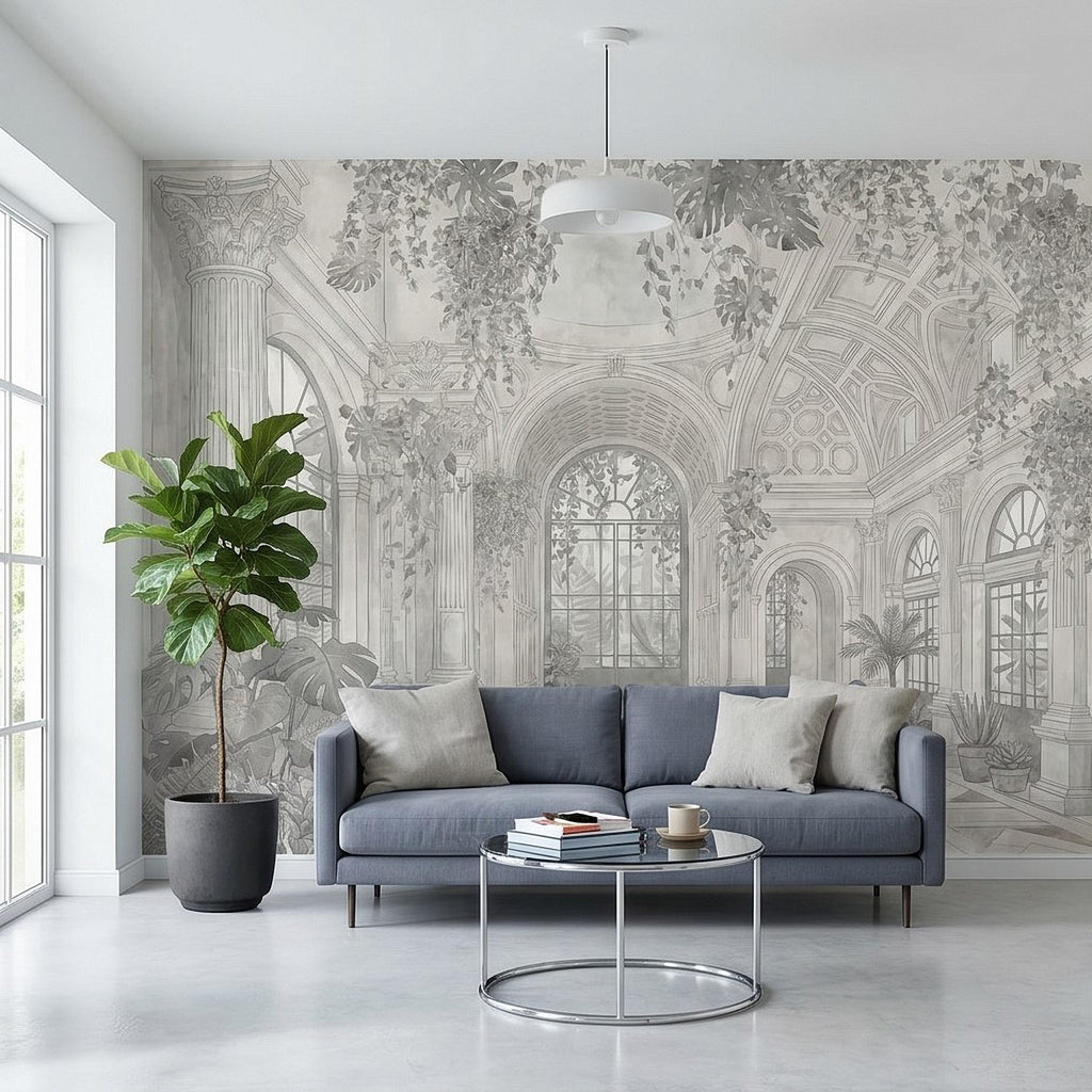 Botanical Conservatory Peel and Stick Wall Mural, Vintage Greenhouse Atrium with Arches Columns, Monochrome Pencil Sketch Wallpaper