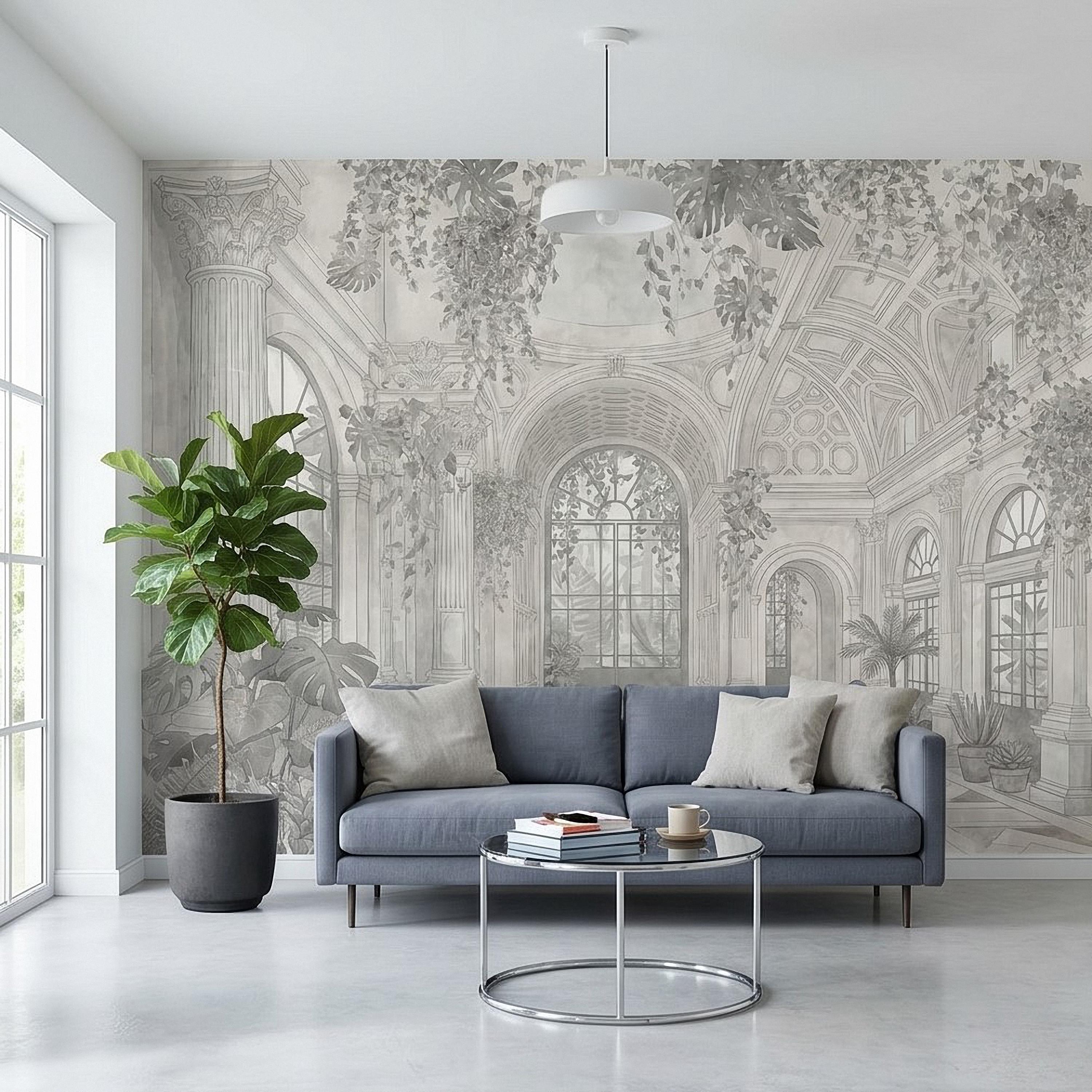 Botanical Conservatory Peel and Stick Wall Mural, Vintage Greenhouse Atrium with Arches Columns, Monochrome Pencil Sketch Wallpaper