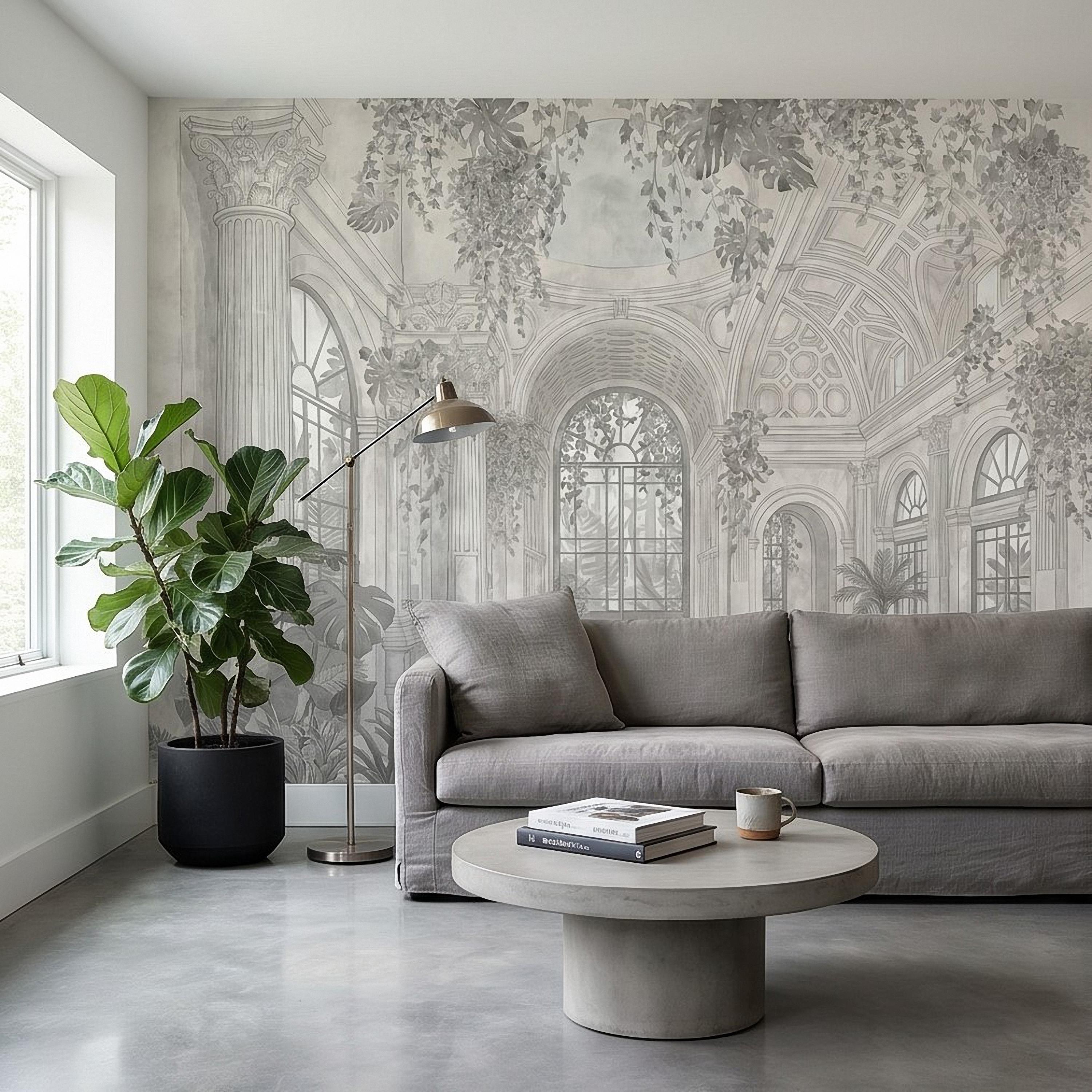 Botanical Conservatory Peel and Stick Wall Mural, Vintage Greenhouse Atrium with Arches Columns, Monochrome Pencil Sketch Wallpaper