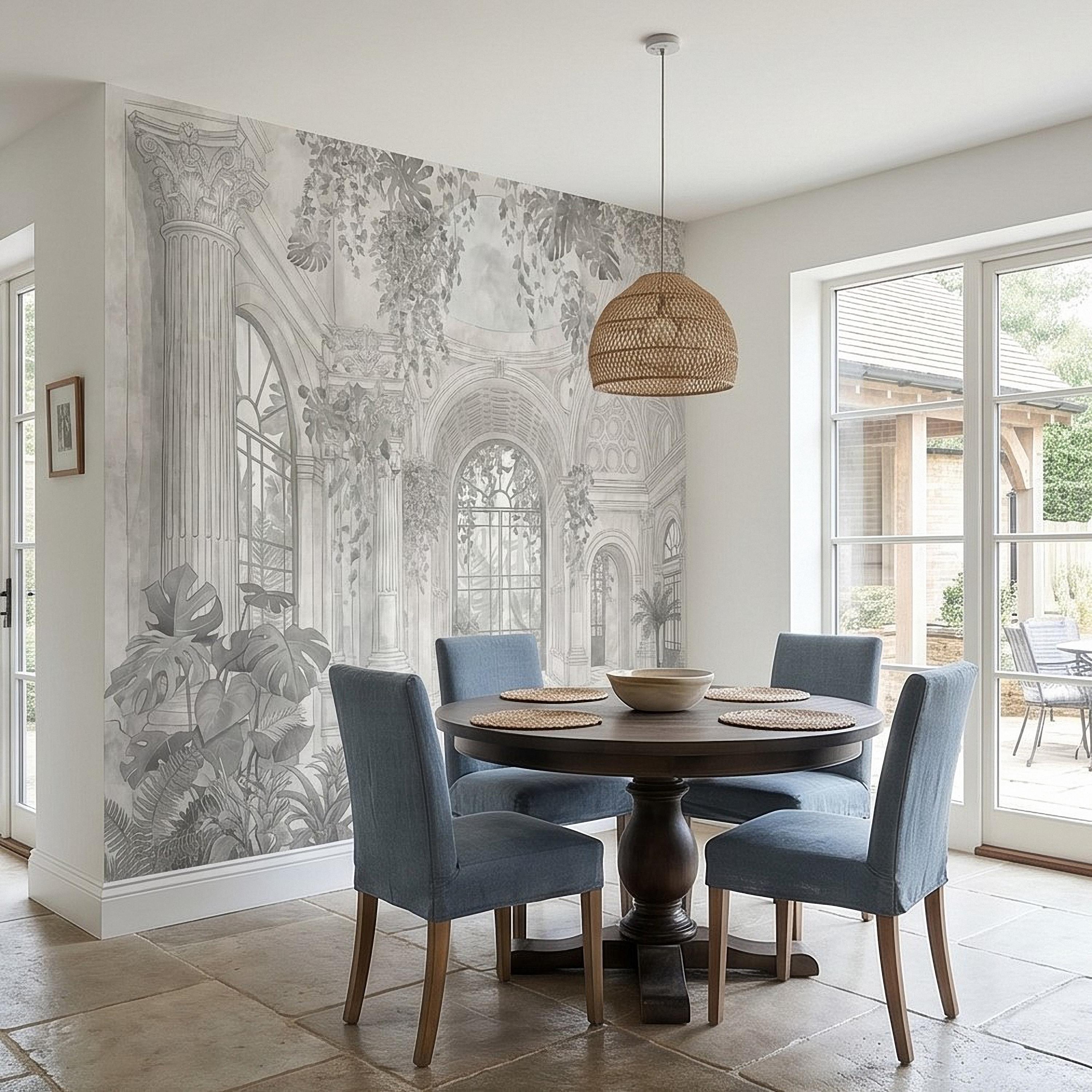 Botanical Conservatory Peel and Stick Wall Mural, Vintage Greenhouse Atrium with Arches Columns, Monochrome Pencil Sketch Wallpaper