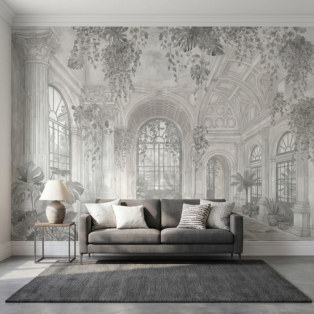 Botanical Conservatory Peel and Stick Wall Mural, Vintage Greenhouse Atrium with Arches Columns, Monochrome Pencil Sketch Wallpaper