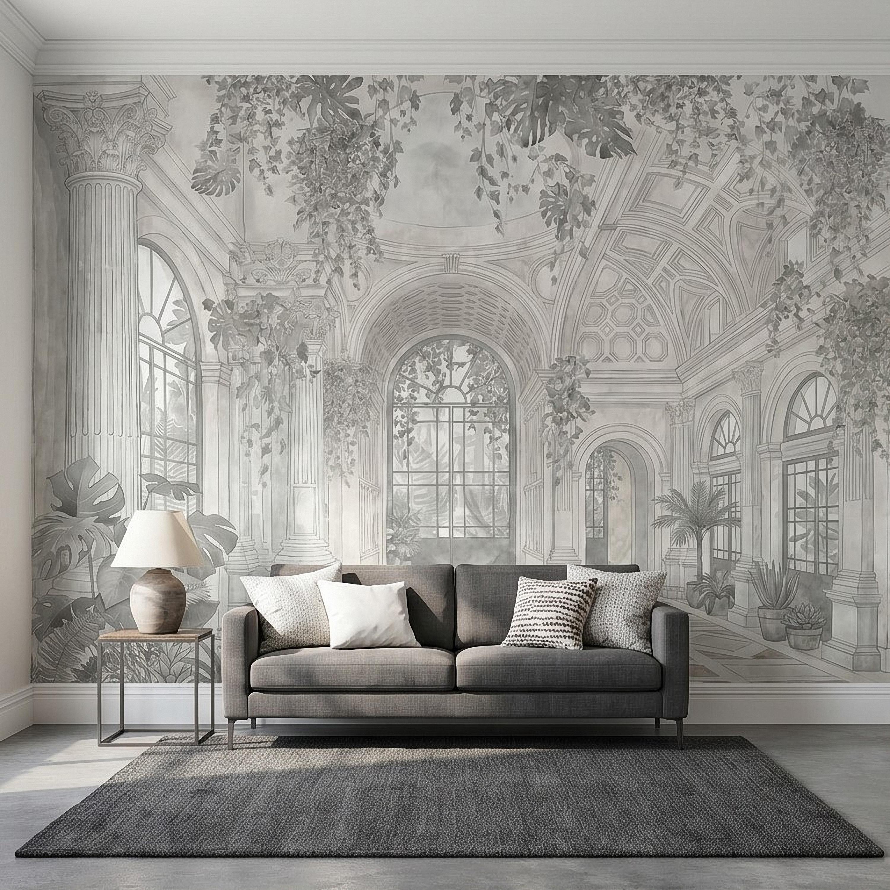 Botanical Conservatory Peel and Stick Wall Mural, Vintage Greenhouse Atrium with Arches Columns, Monochrome Pencil Sketch Wallpaper