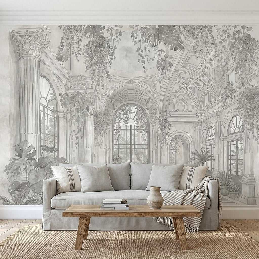 Botanical Conservatory Peel and Stick Wall Mural, Vintage Greenhouse Atrium with Arches Columns, Monochrome Pencil Sketch Wallpaper