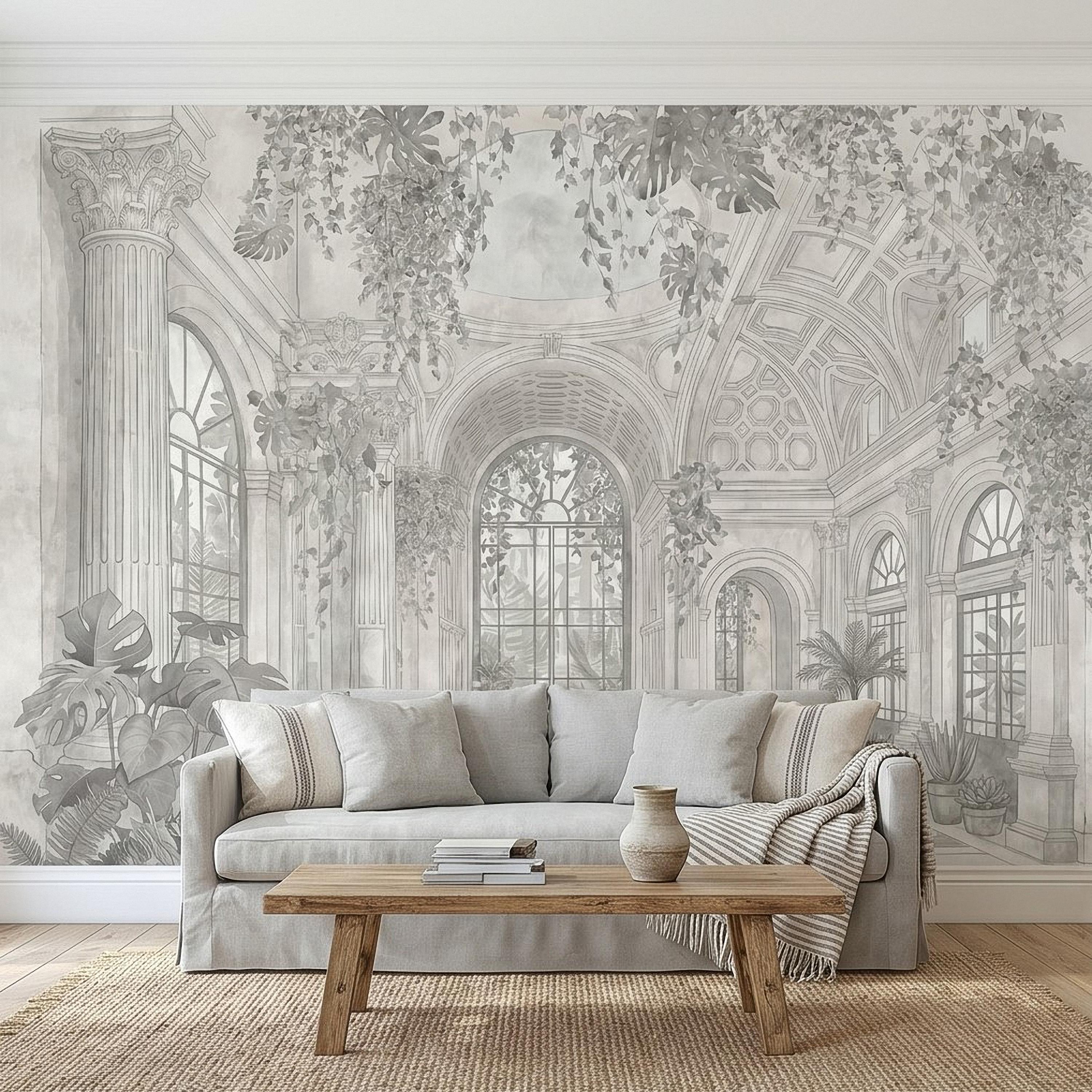 Botanical Conservatory Peel and Stick Wall Mural, Vintage Greenhouse Atrium with Arches Columns, Monochrome Pencil Sketch Wallpaper
