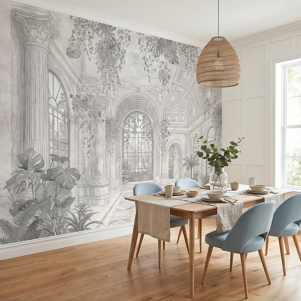 Botanical Conservatory Peel and Stick Wall Mural, Vintage Greenhouse Atrium with Arches Columns, Monochrome Pencil Sketch Wallpaper