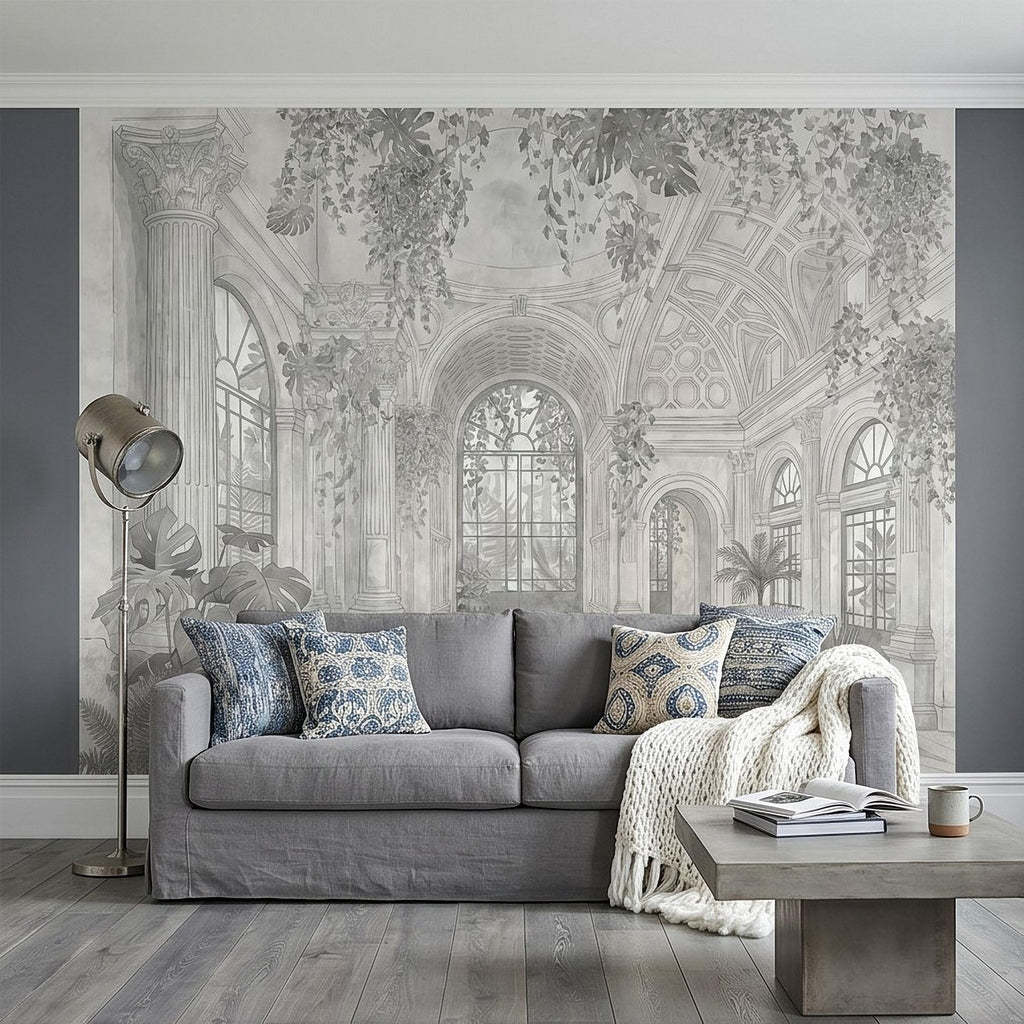 Botanical Conservatory Peel and Stick Wall Mural, Vintage Greenhouse Atrium with Arches Columns, Monochrome Pencil Sketch Wallpaper