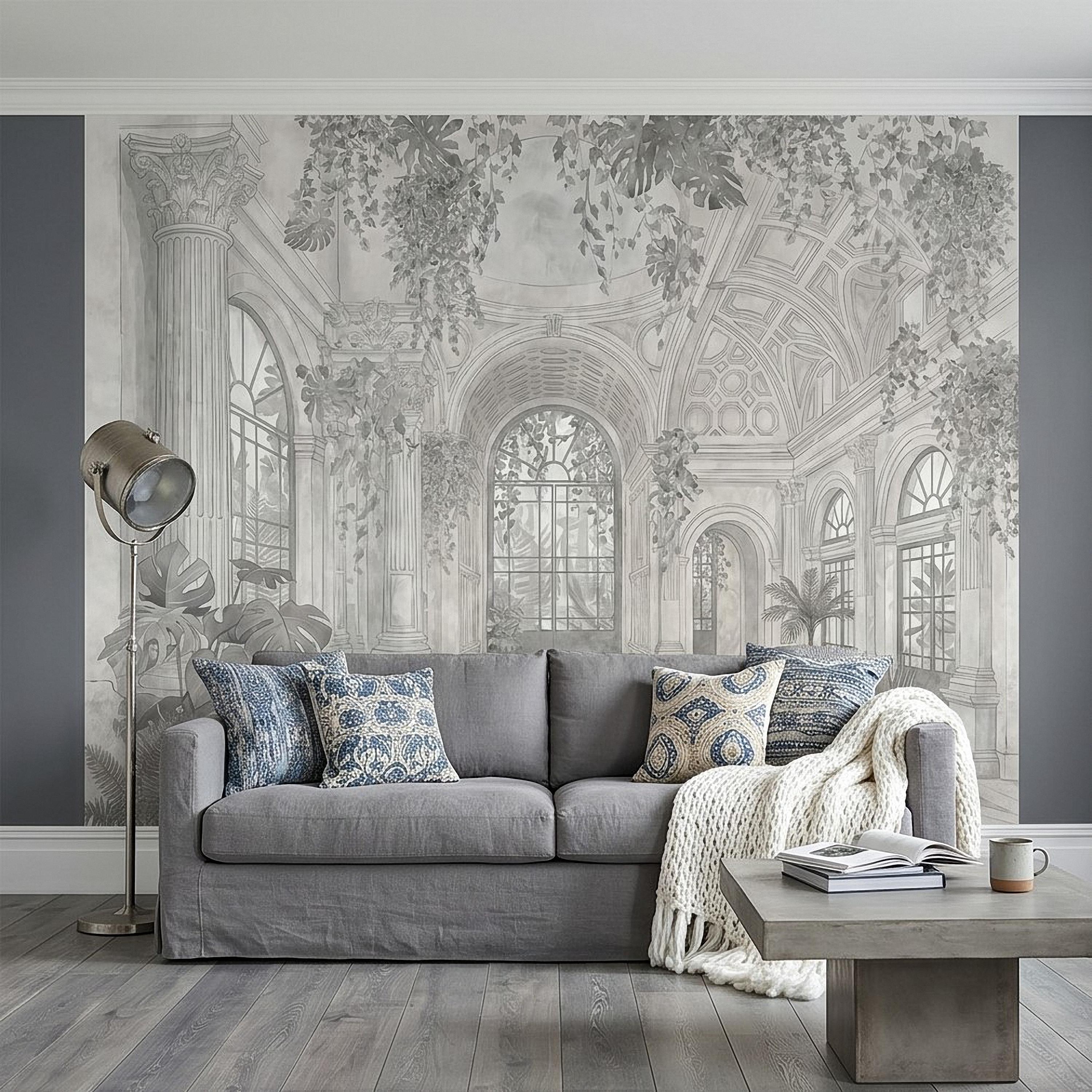 Botanical Conservatory Peel and Stick Wall Mural, Vintage Greenhouse Atrium with Arches Columns, Monochrome Pencil Sketch Wallpaper